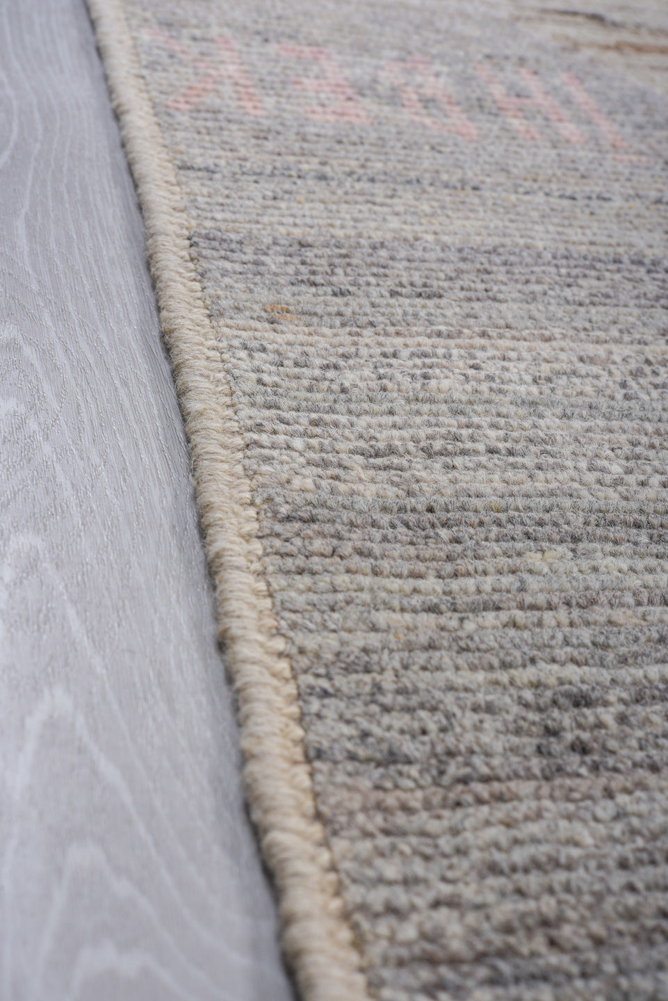 10' x 13' one-of-a-kind handmade vintage Tulu large size rug. Color palette: gray, ivory, blush, faded coral, pale blue