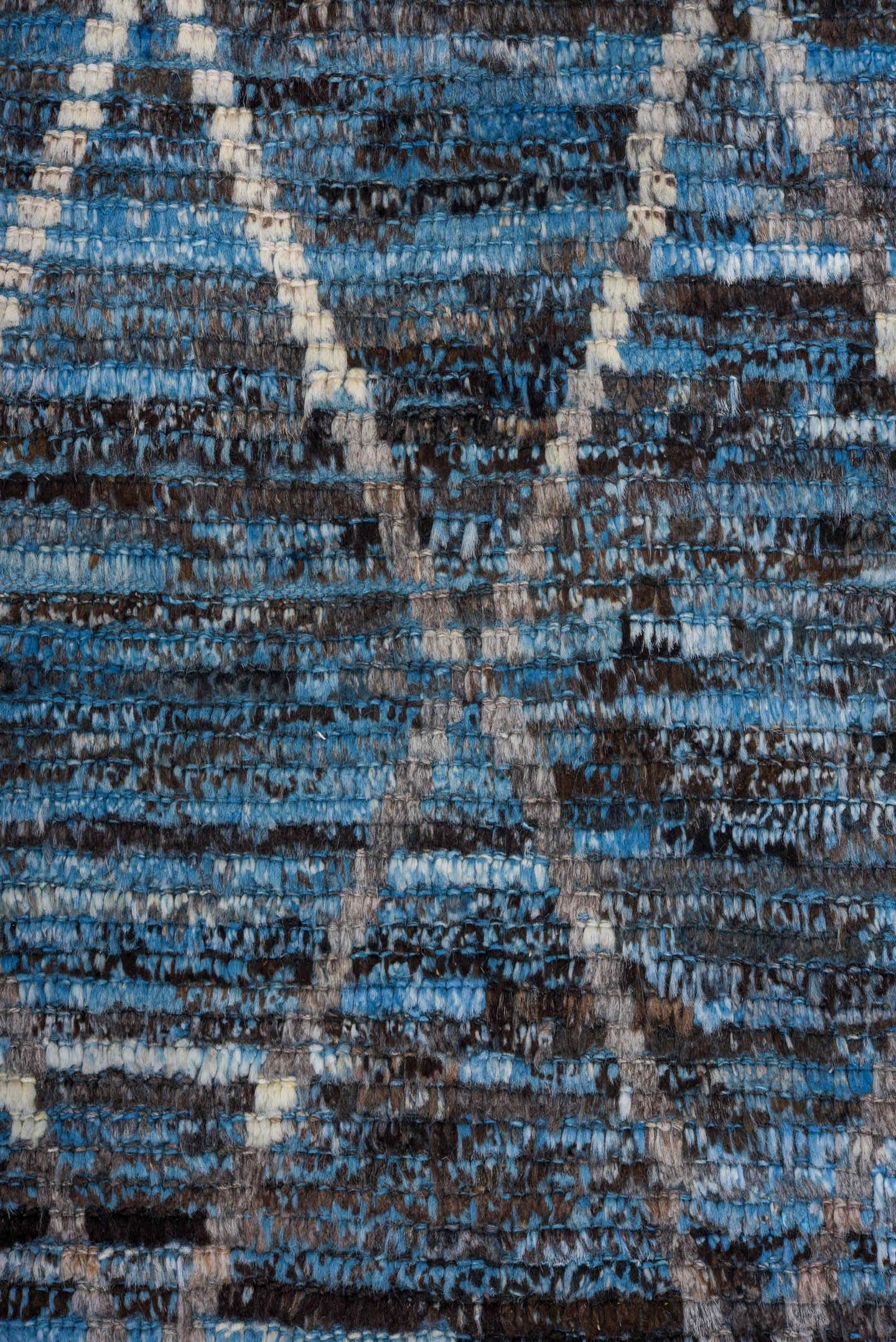 13' x 19' one-of-a-kind handmade vintage Tulu oversize rug. Color palette: blue, charcoal, ivory, slate, gray, black