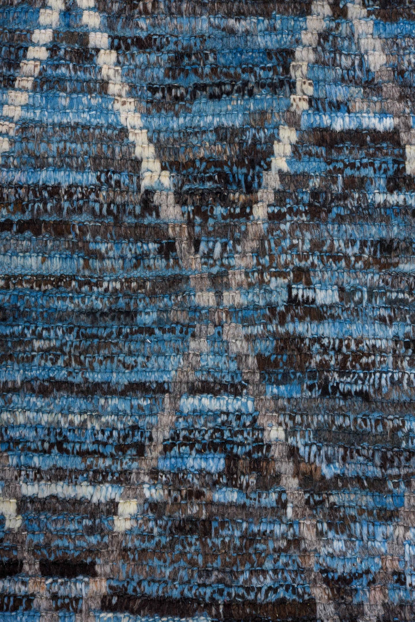 13' x 19' one-of-a-kind handmade vintage Tulu oversize rug. Color palette: blue, charcoal, ivory, slate, gray, black