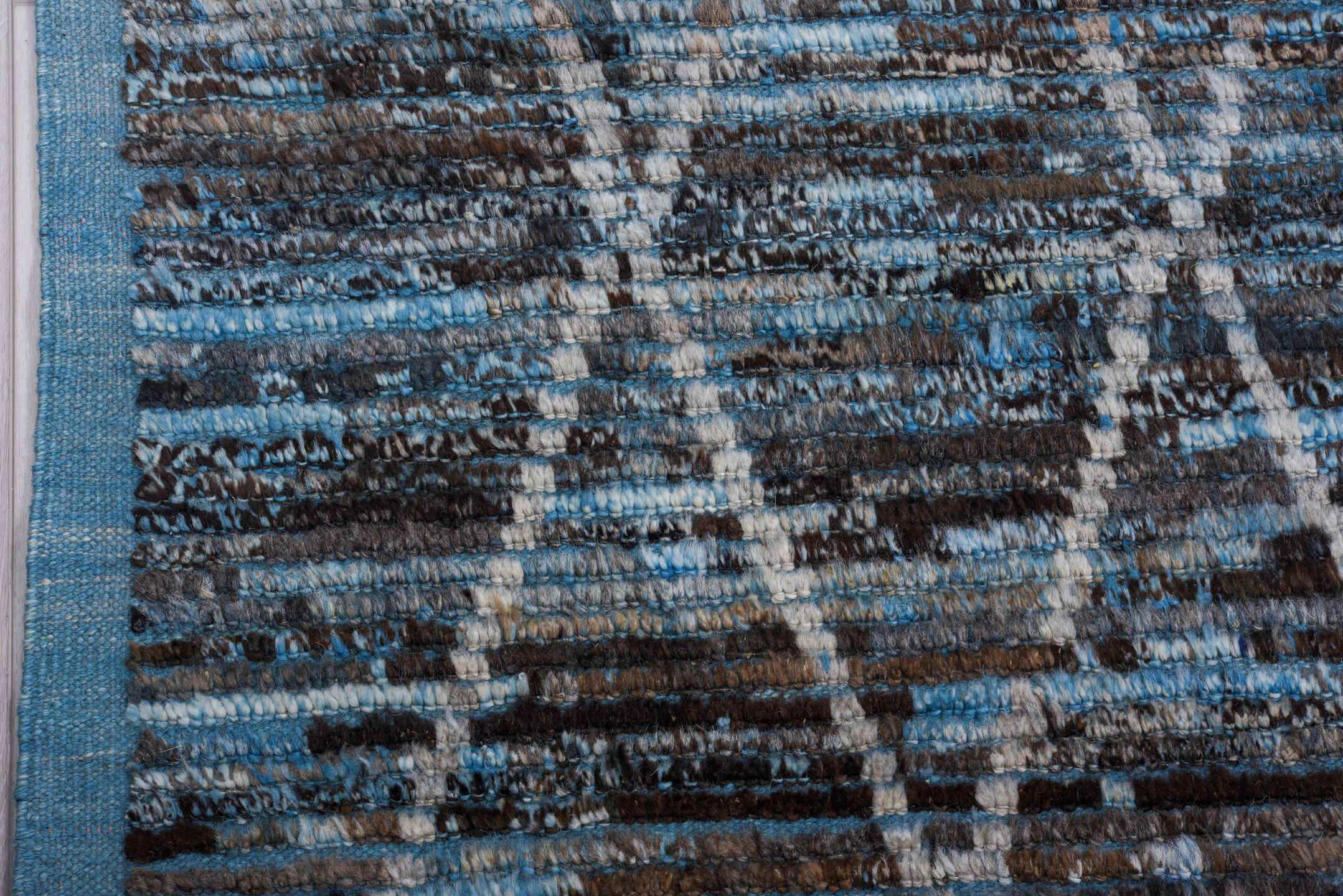 13' x 19' one-of-a-kind handmade vintage Tulu oversize rug. Color palette: blue, charcoal, ivory, slate, gray, black