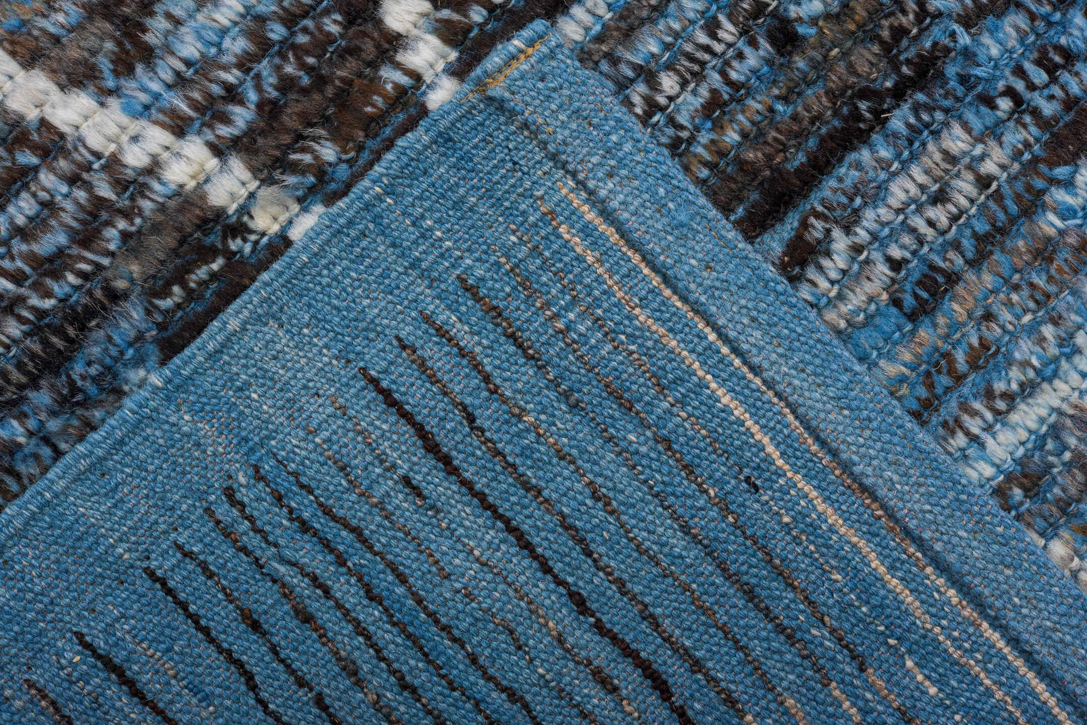 13' x 19' one-of-a-kind handmade vintage Tulu oversize rug. Color palette: blue, charcoal, ivory, slate, gray, black