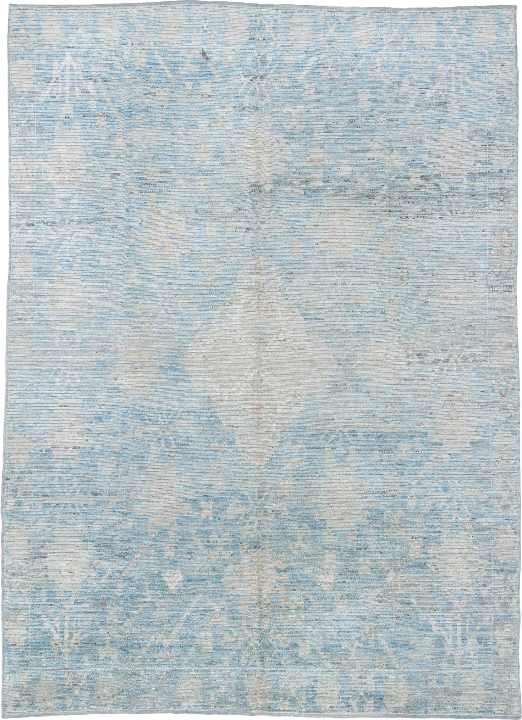 9' x 12' one-of-a-kind handmade vintage Tulu large size rug. Color palette: pale blue, ivory, cream, light gray, taupe