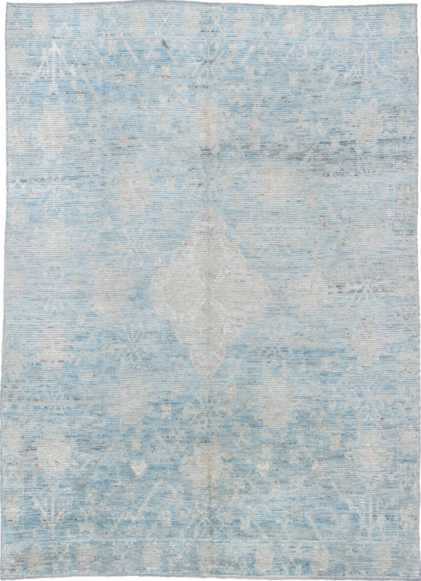 9' x 12' one-of-a-kind handmade vintage Tulu large size rug. Color palette: black, charcoal, dim gray, gray, light blue