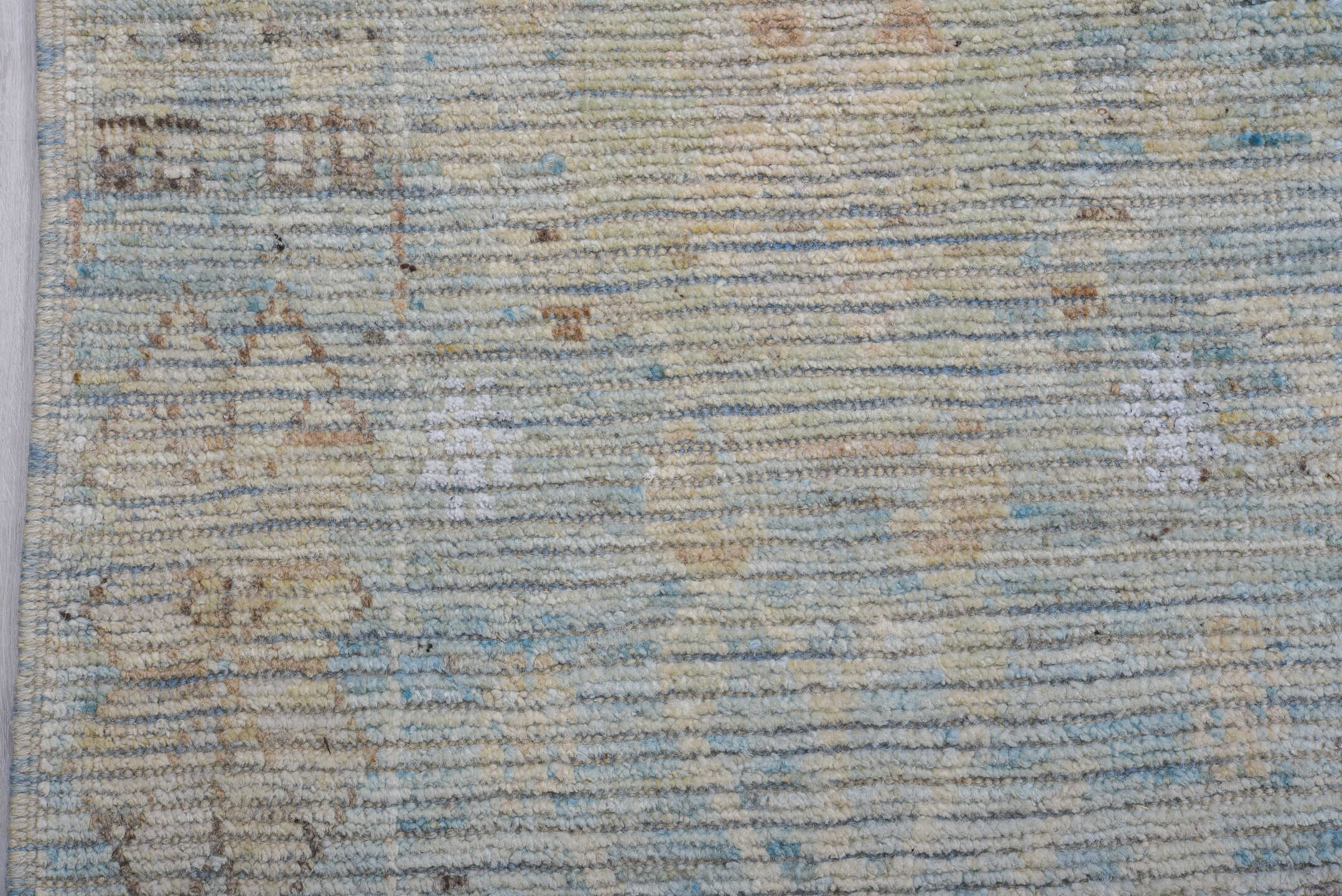 9' x 12' one-of-a-kind handmade vintage Tulu large size rug. Color palette: pale blue, ivory, cream, light gray, taupe