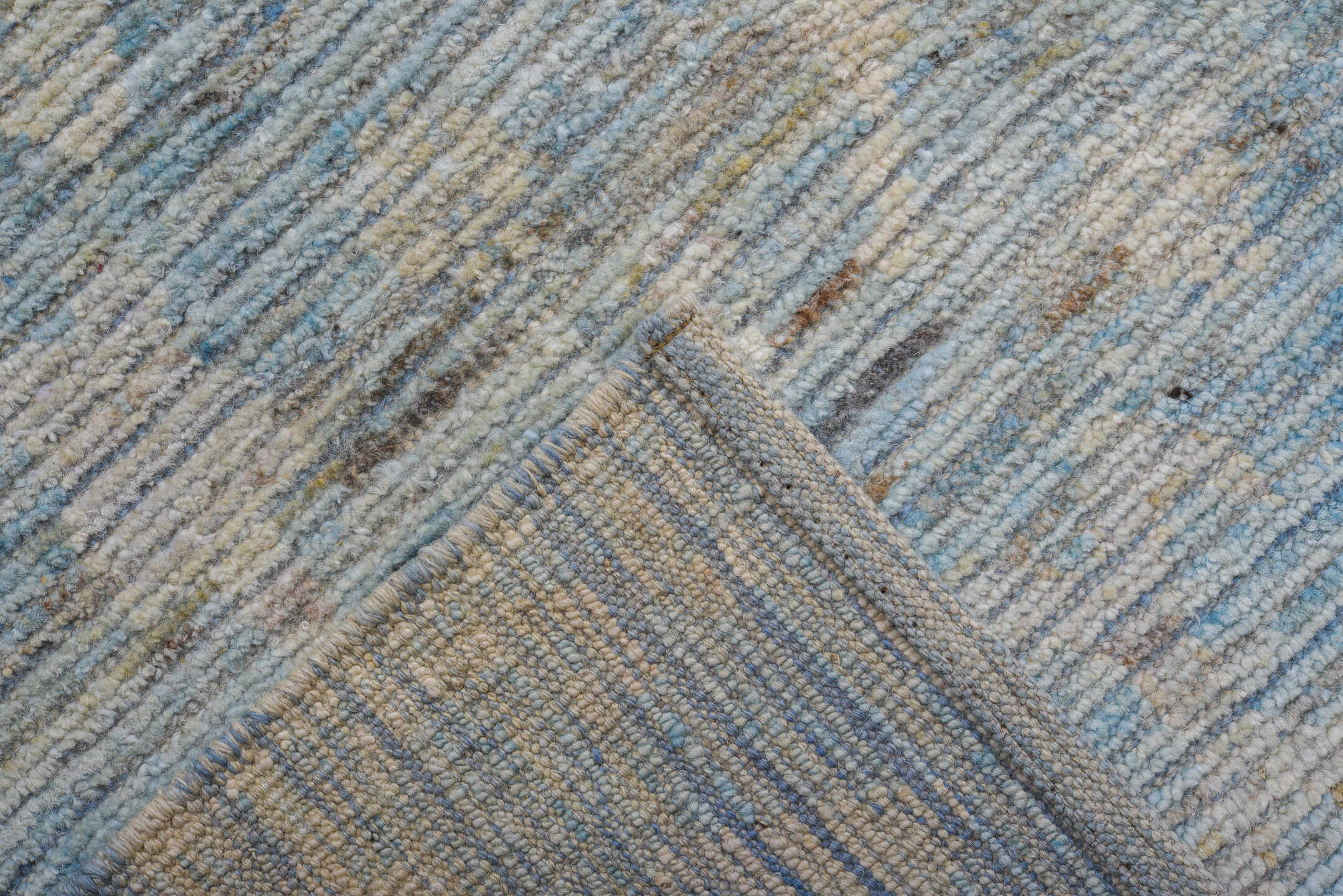 9' x 12' one-of-a-kind handmade vintage Tulu large size rug. Color palette: pale blue, ivory, cream, light gray, taupe
