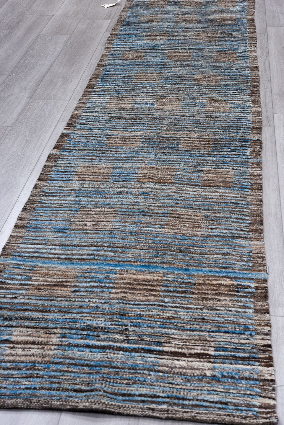 2' x 11' one-of-a-kind handmade vintage Tulu runner rug. Color palette: taupe, sky blue, brown, camel, beige, gray