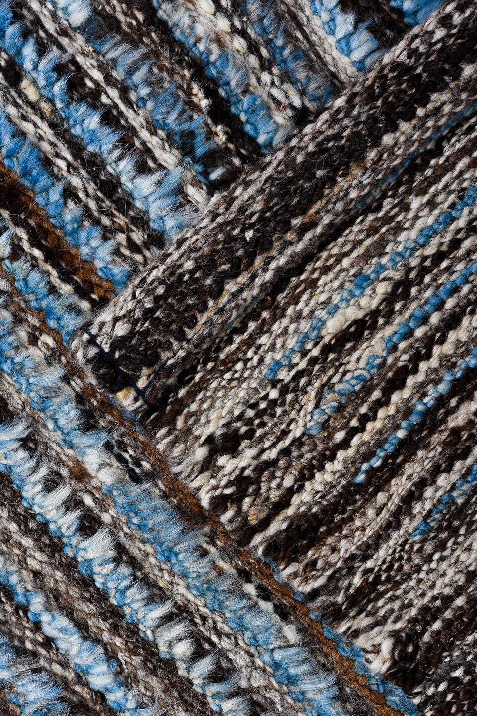 2' x 11' one-of-a-kind handmade vintage Tulu runner rug. Color palette: black, blue, gray, light blue, light gray, off-white