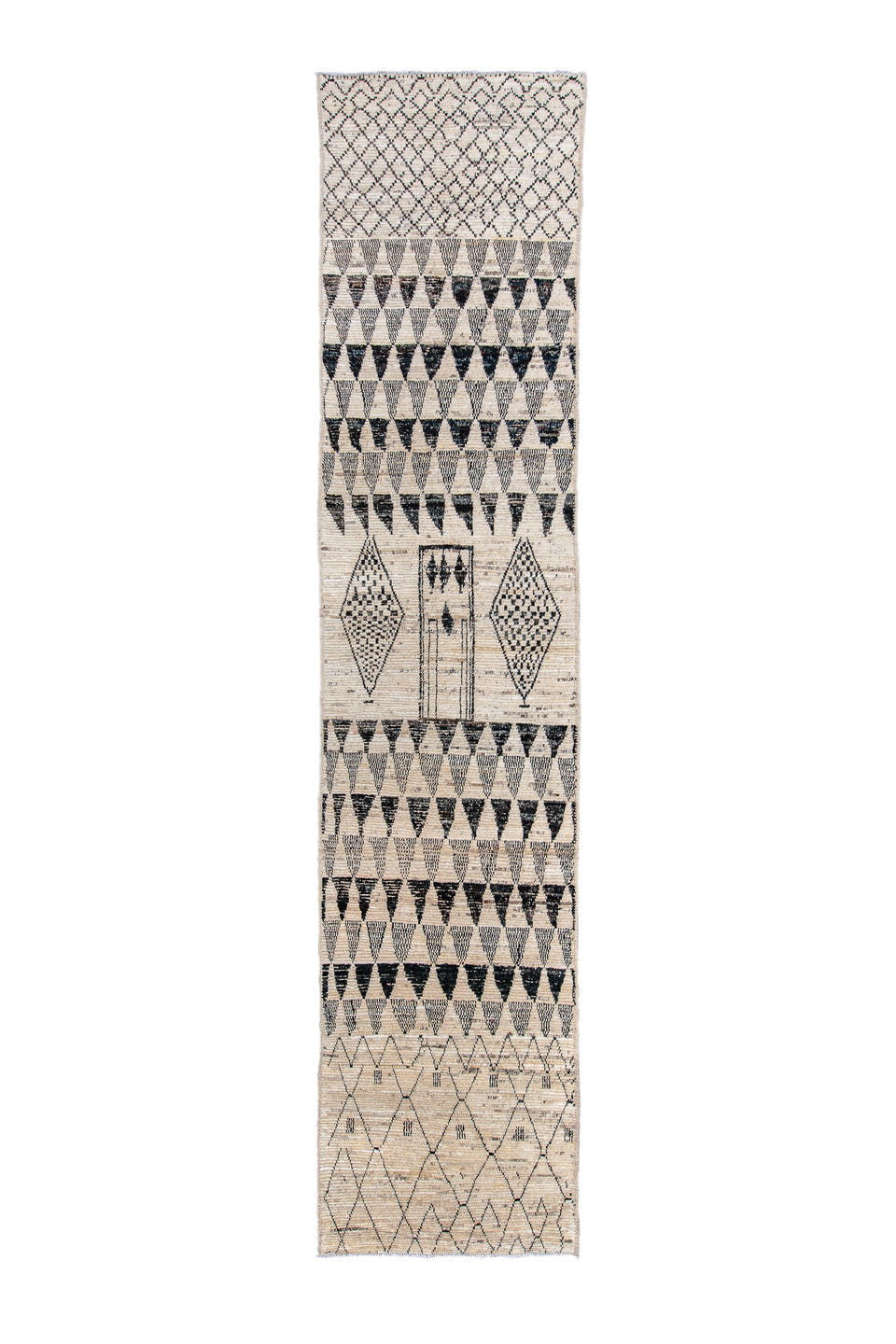 2' x 11' one-of-a-kind handmade vintage Tulu runner rug. Color palette: ivory, charcoal, black, cream, taupe, gray, beige