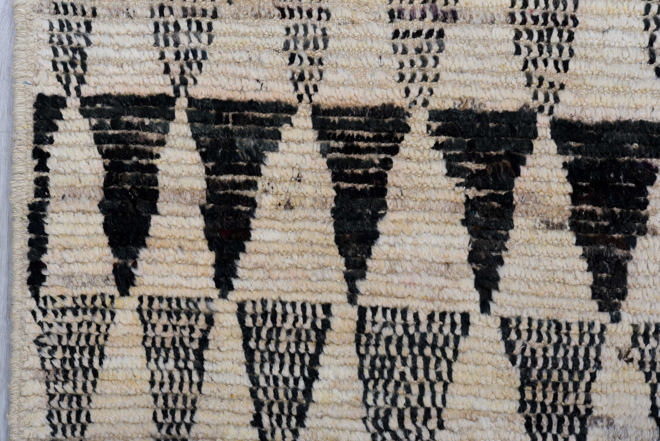 2' x 11' one-of-a-kind handmade vintage Tulu runner rug. Color palette: ivory, charcoal, black, cream, taupe, gray, beige