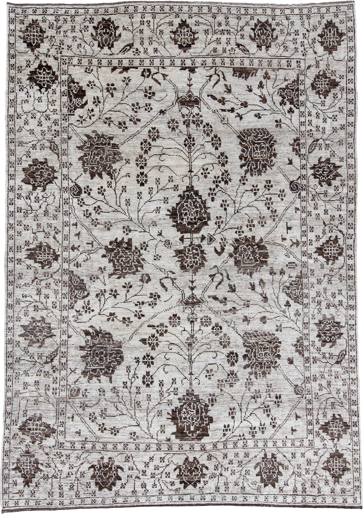 9' x 12' one-of-a-kind handmade vintage Tulu large size rug. Color palette: ivory, charcoal, taupe, brown, gray, black