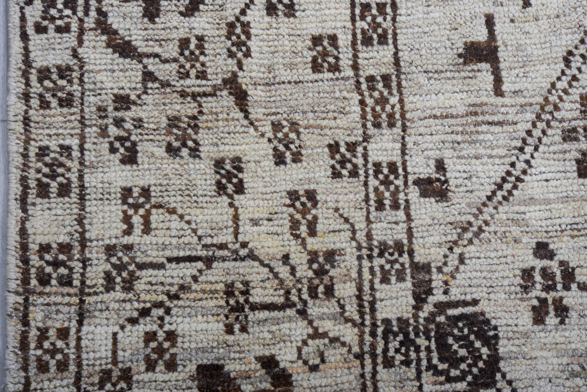 9' x 12' one-of-a-kind handmade vintage Tulu large size rug. Color palette: ivory, charcoal, taupe, brown, gray, black