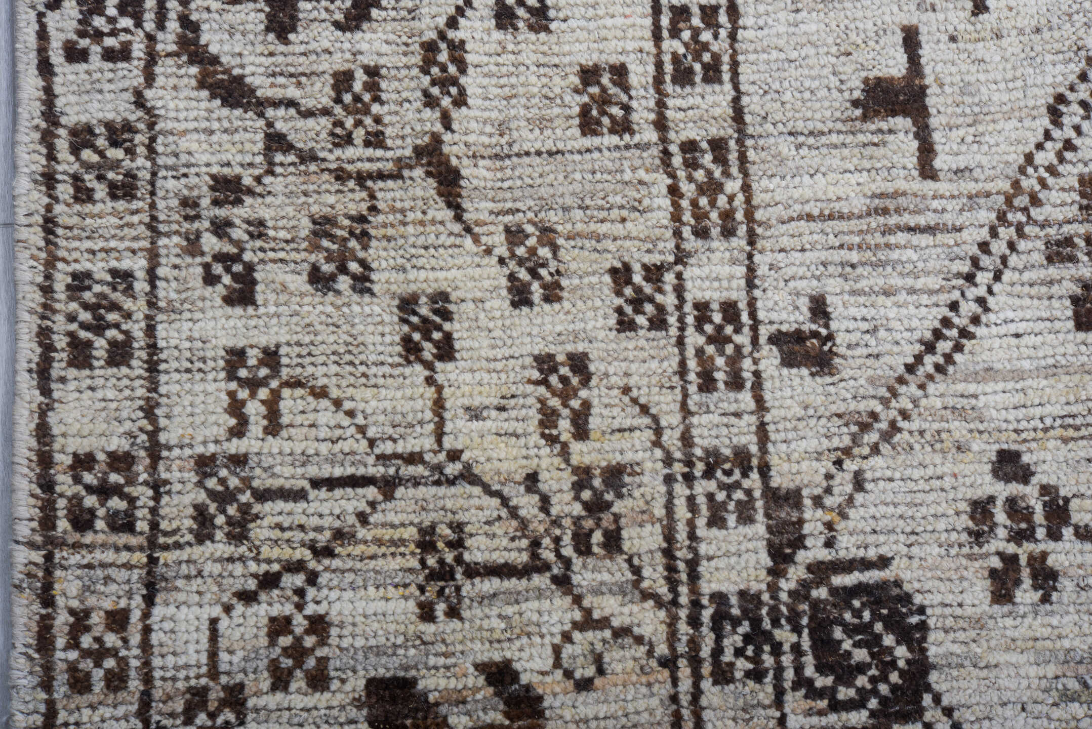 9' x 12' one-of-a-kind handmade vintage Tulu large size rug. Color palette: ivory, charcoal, taupe, brown, gray, black