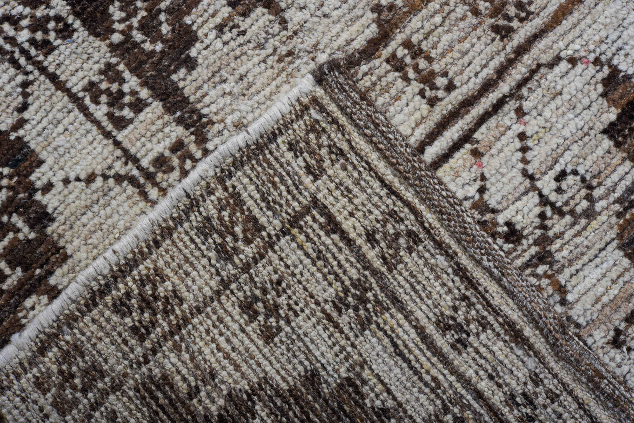 9' x 12' one-of-a-kind handmade vintage Tulu large size rug. Color palette: ivory, charcoal, taupe, brown, gray, black