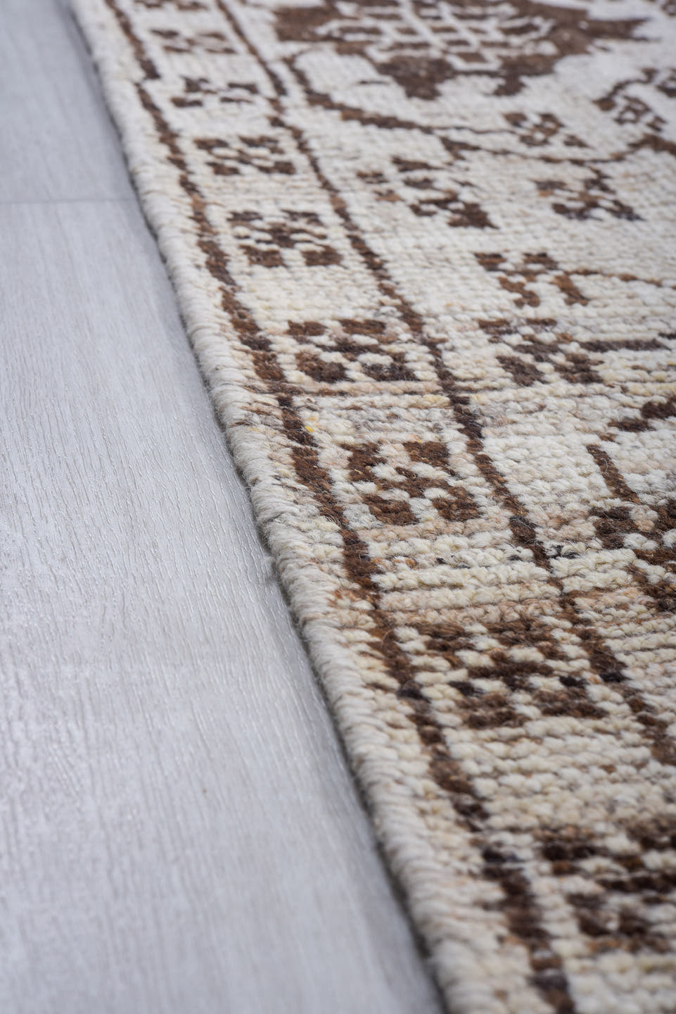 9' x 12' one-of-a-kind handmade vintage Tulu large size rug. Color palette: ivory, charcoal, taupe, brown, gray, black