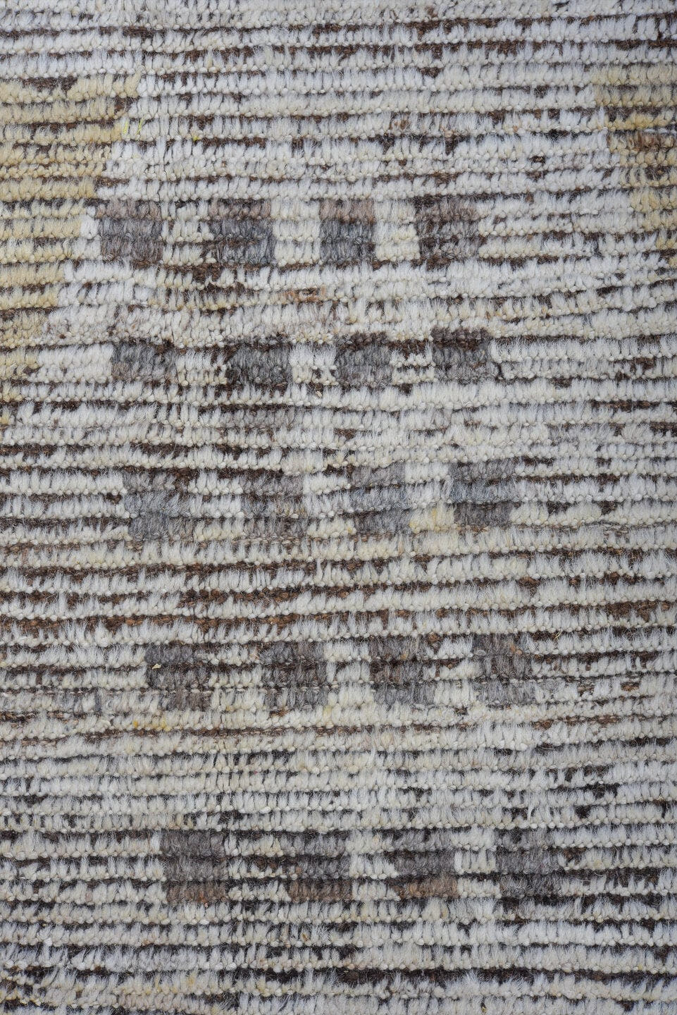 9' x 13' one-of-a-kind handmade vintage Tulu large size rug. Color palette: ivory, taupe, brown, cream, camel, charcoal