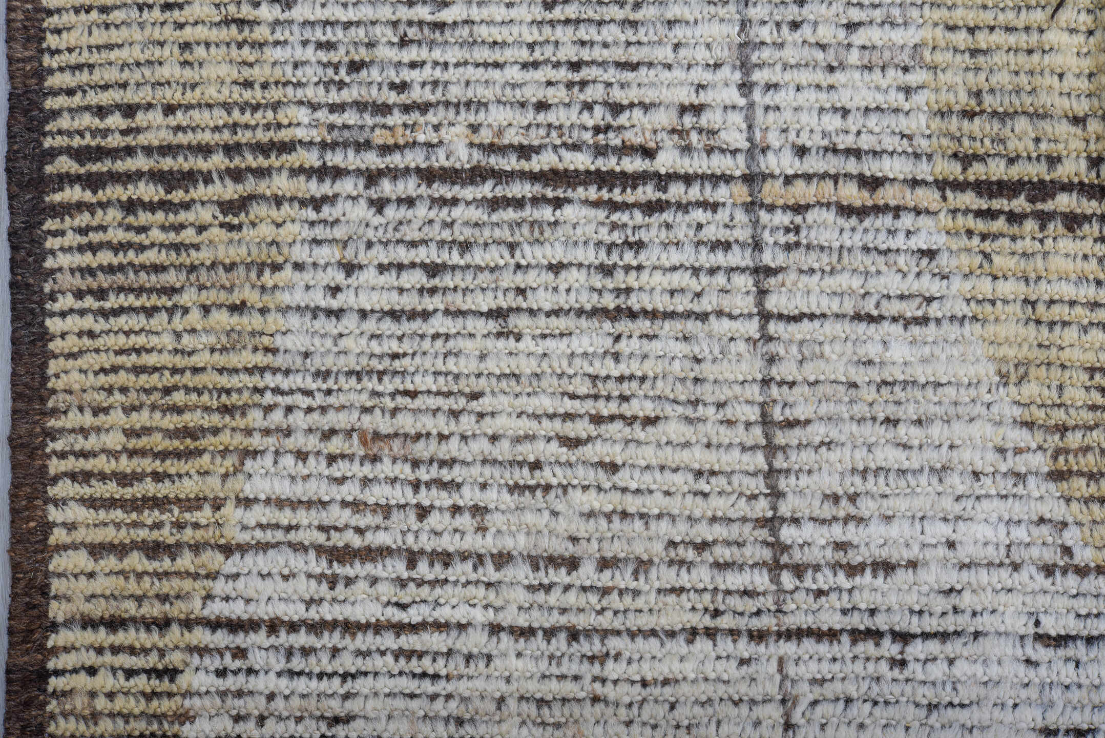 9' x 13' one-of-a-kind handmade vintage Tulu large size rug. Color palette: ivory, taupe, brown, cream, camel, charcoal