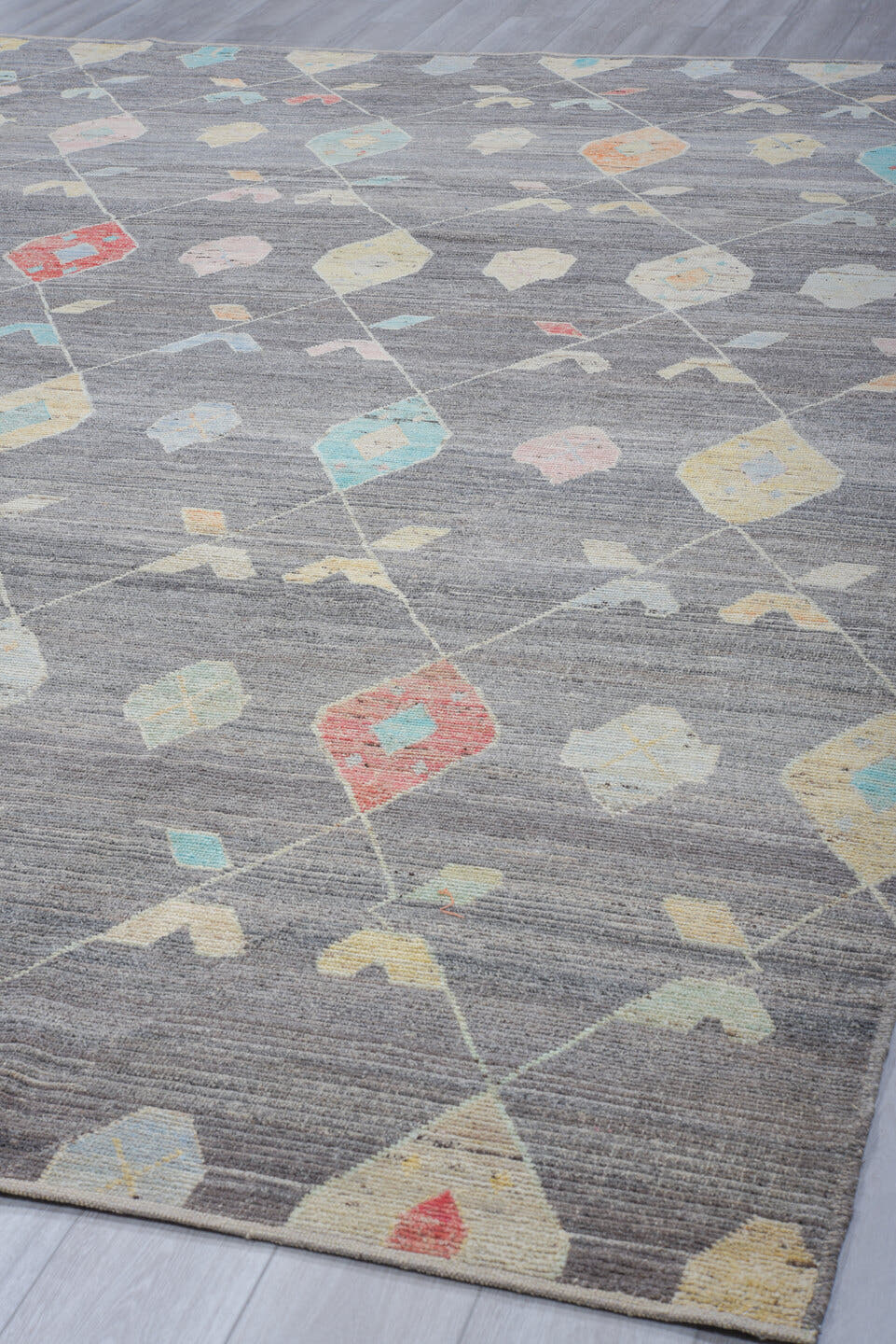 10' x 14' one-of-a-kind handmade vintage Tulu large size rug. Color palette: gray, ivory, aqua, coral, pale gold, blush