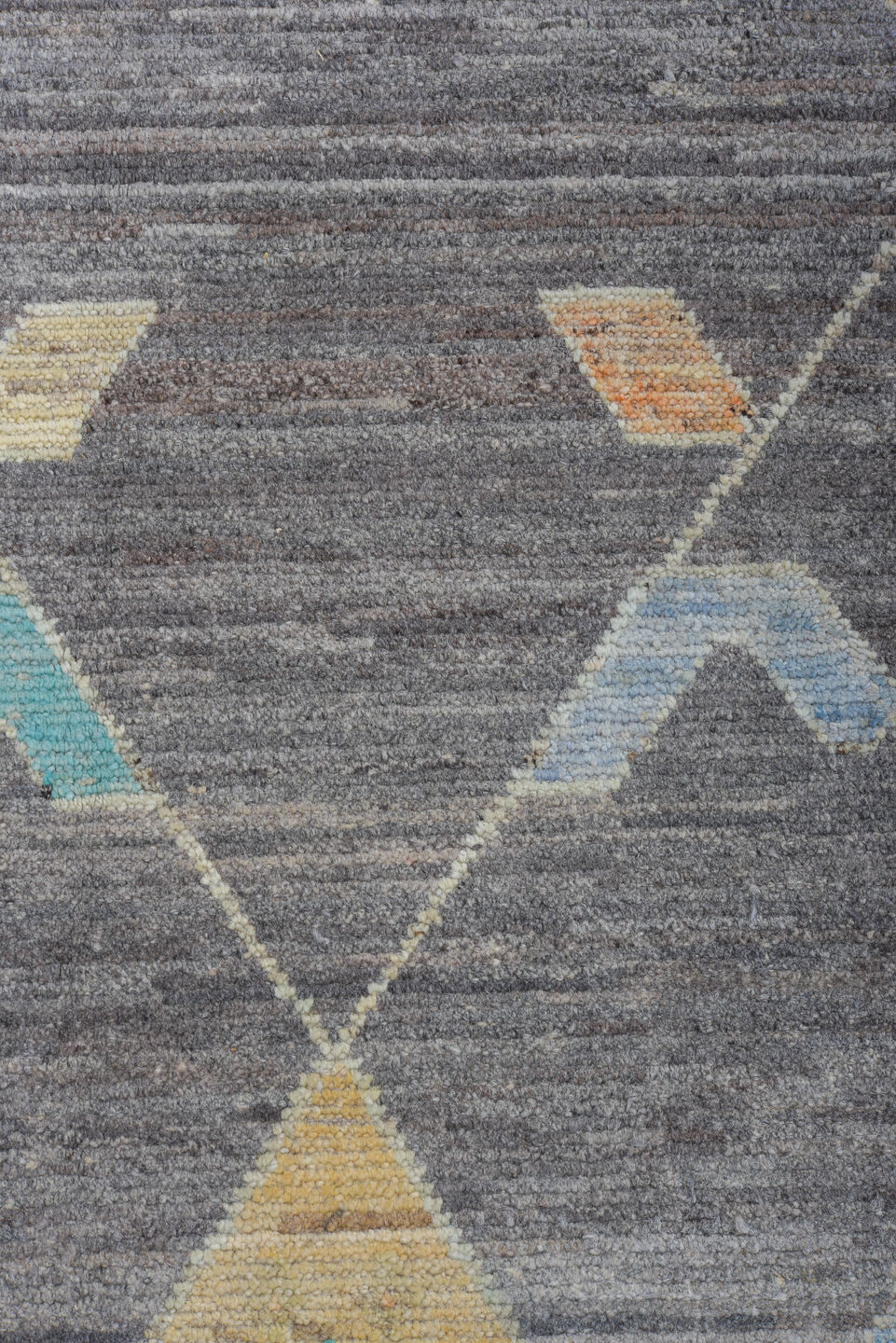 10' x 14' one-of-a-kind handmade vintage Tulu large size rug. Color palette: gray, ivory, aqua, coral, pale gold, blush