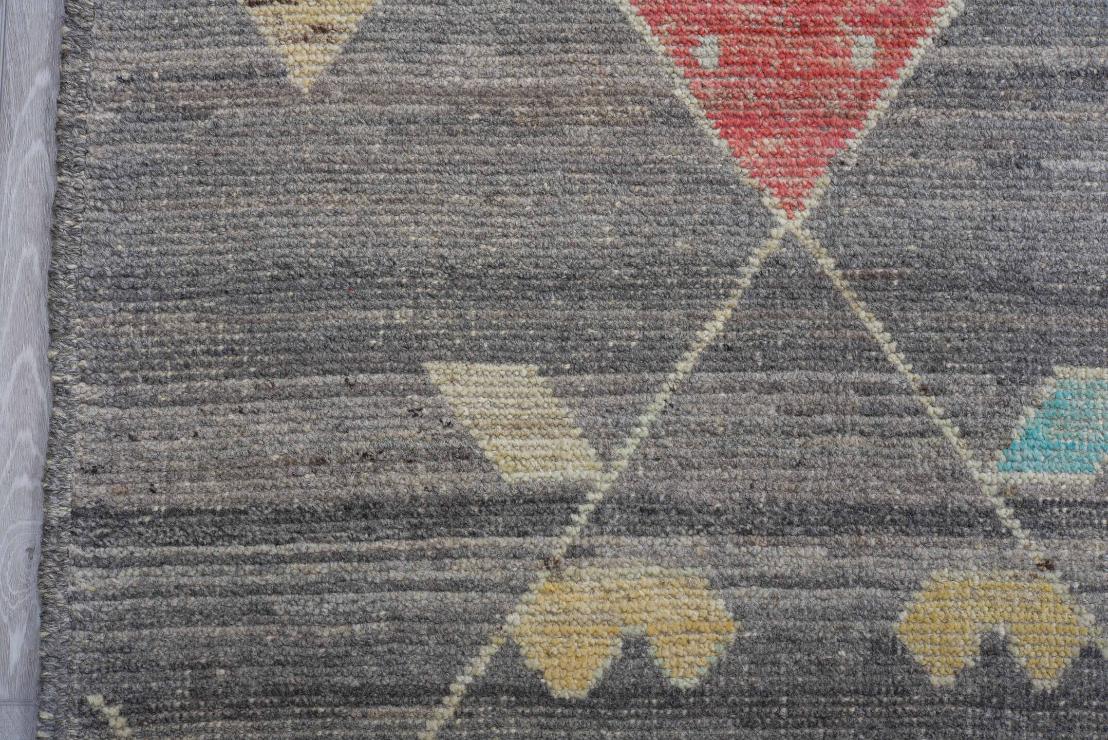 10' x 14' one-of-a-kind handmade vintage Tulu large size rug. Color palette: gray, ivory, aqua, coral, pale gold, blush