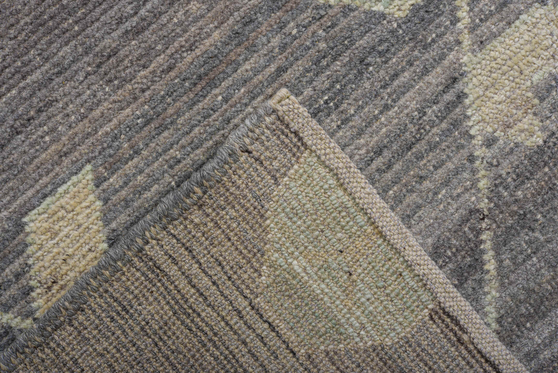 10' x 14' one-of-a-kind handmade vintage Tulu large size rug. Color palette: gray, ivory, aqua, coral, pale gold, blush