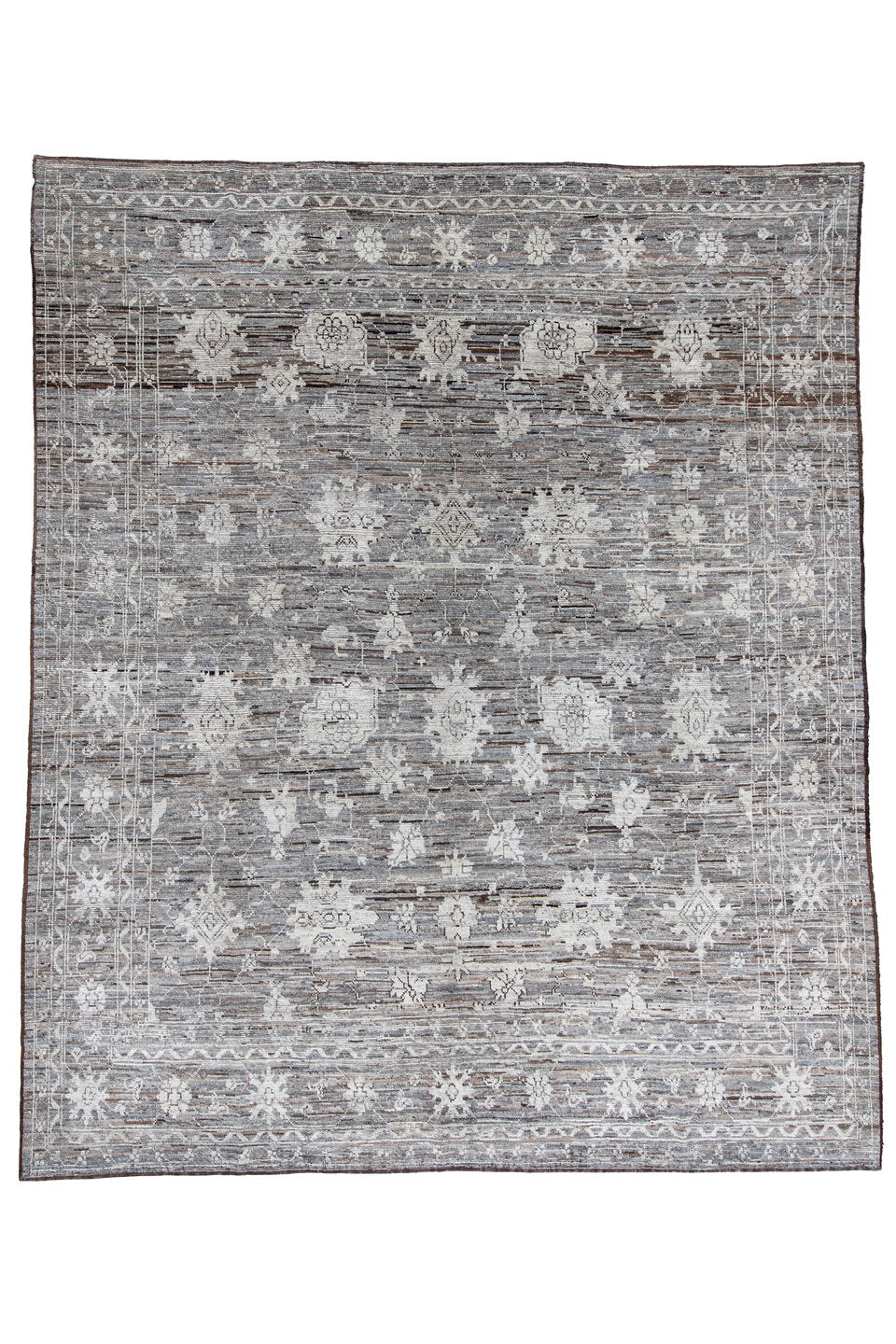 10' x 13' one-of-a-kind handmade vintage Tulu large size rug. Color palette: black, blue, dim gray, gainsboro, gray