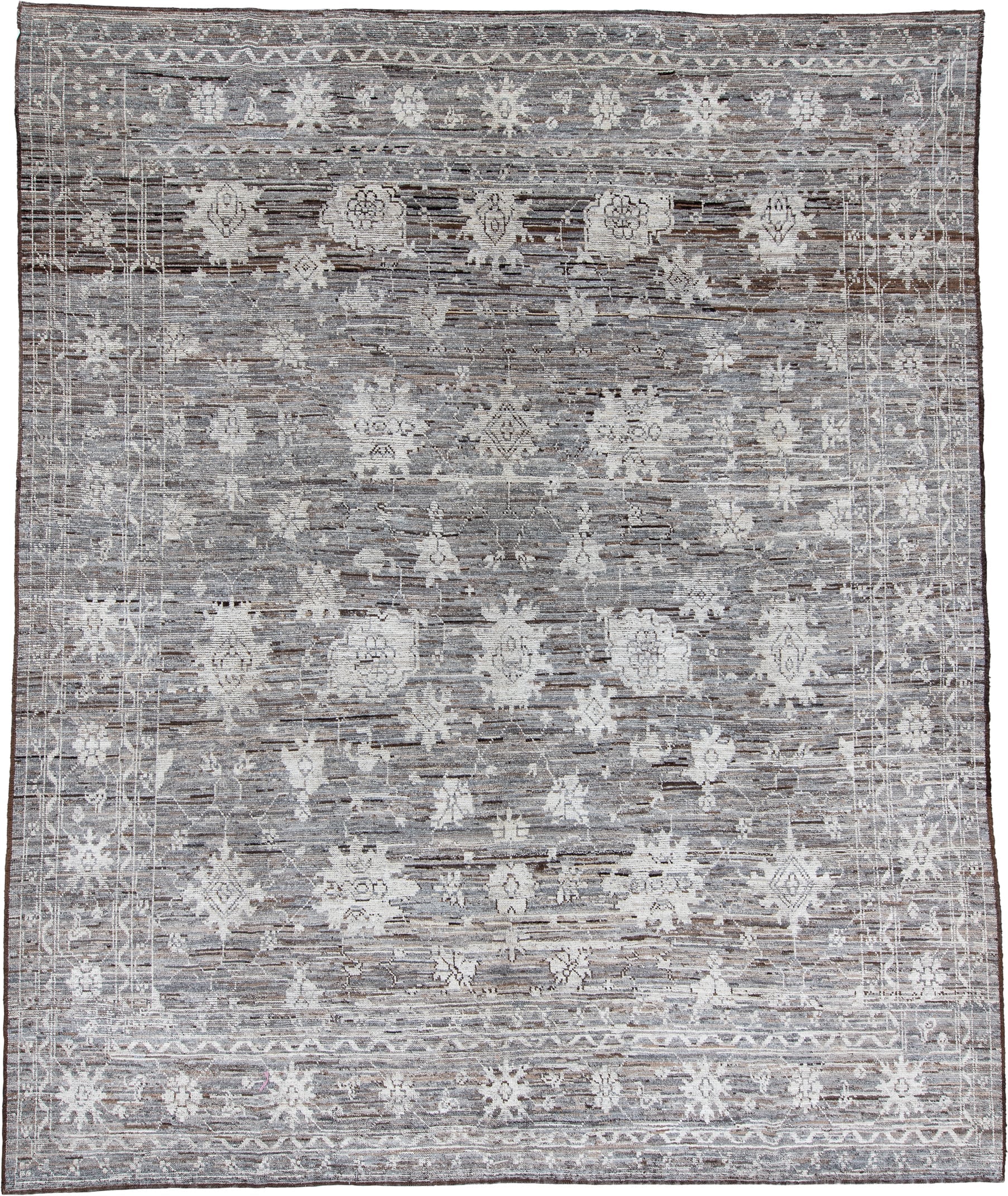 10' x 13' one-of-a-kind handmade vintage Tulu large size rug. Color palette: gray, ivory, taupe, charcoal, brown, beige