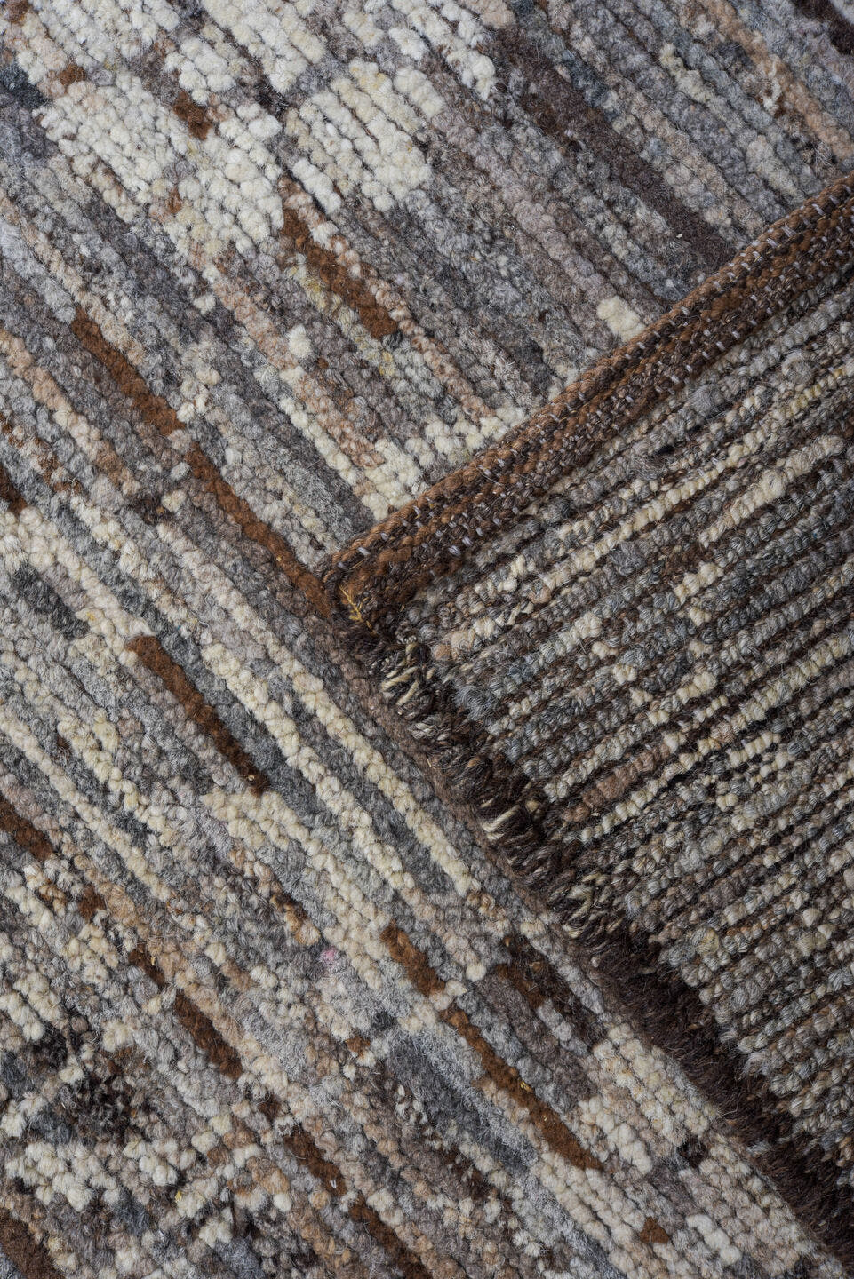 10' x 13' one-of-a-kind handmade vintage Tulu large size rug. Color palette: gray, ivory, taupe, charcoal, brown, beige