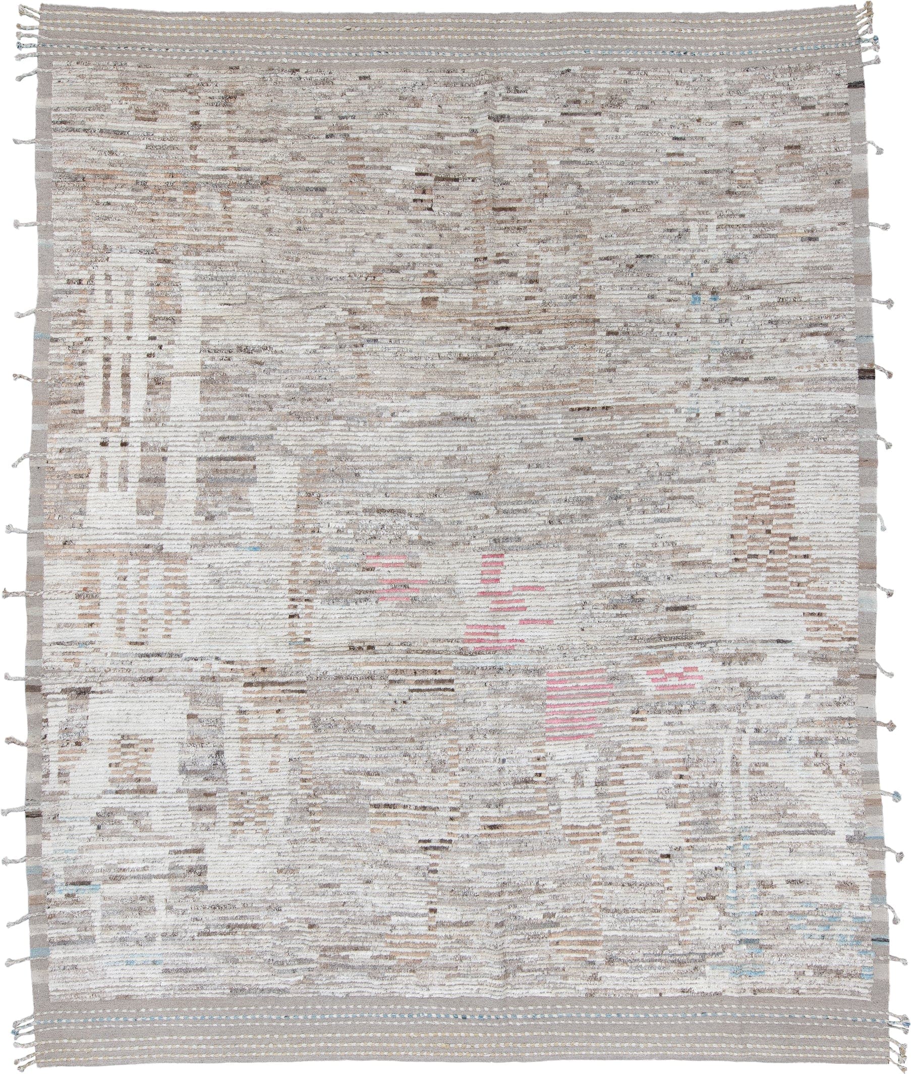 11' x 14' one-of-a-kind handmade vintage Tulu oversize rug. Color palette: ivory, taupe, gray, cream, camel, blush