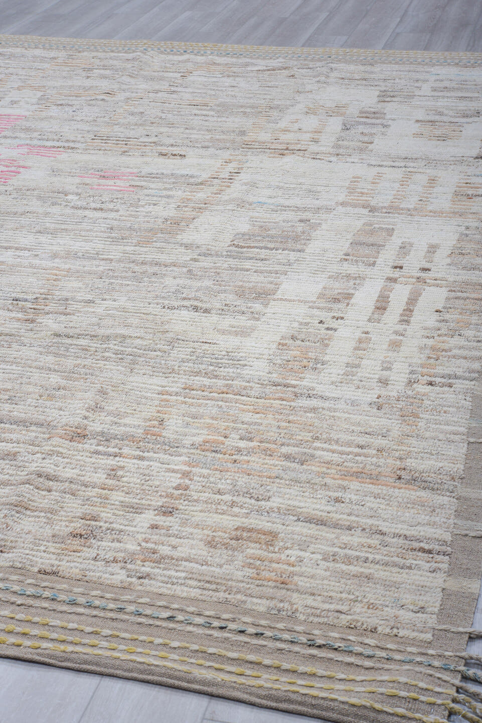 11' x 14' one-of-a-kind handmade vintage Tulu oversize rug. Color palette: ivory, taupe, gray, cream, camel, blush