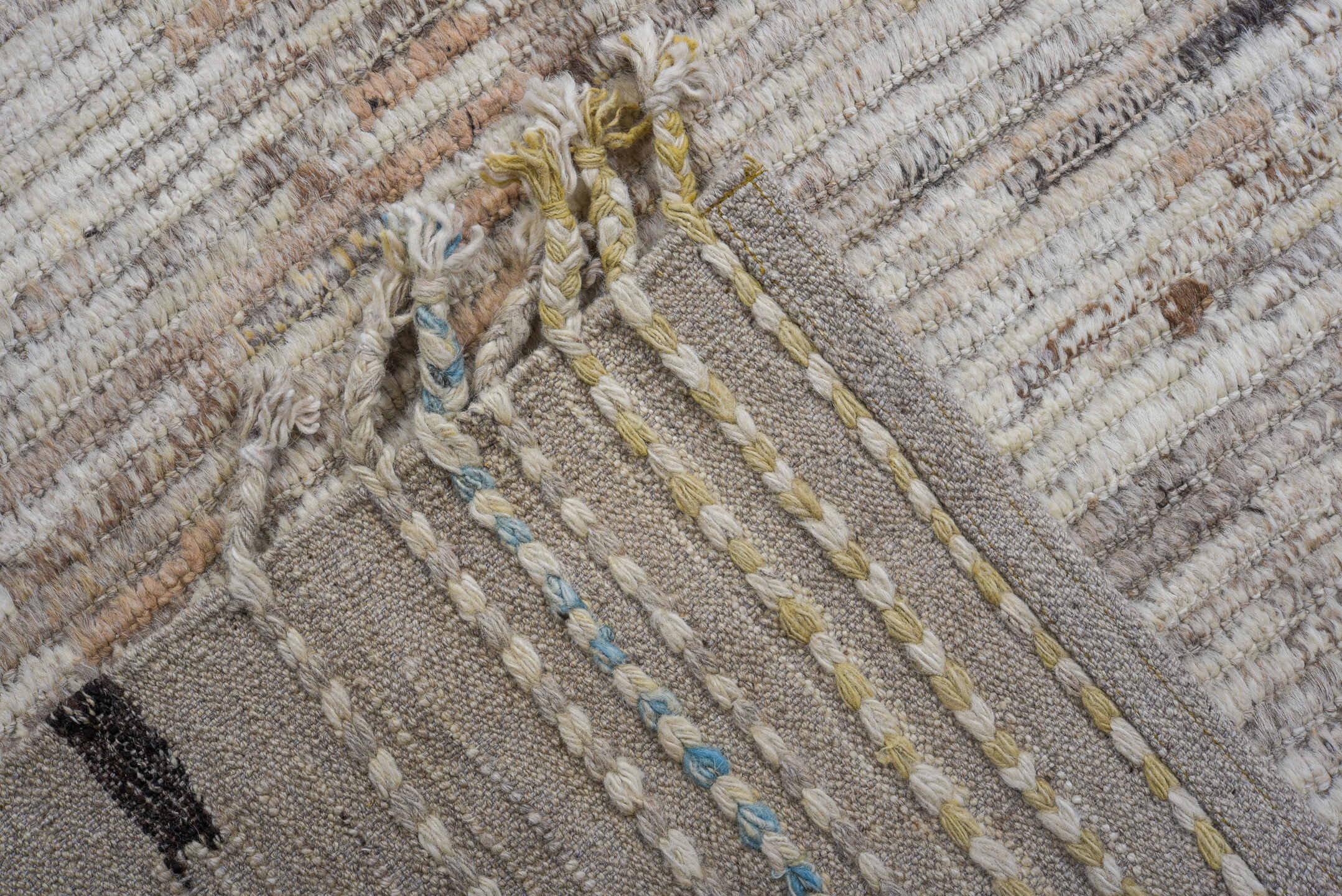 11' x 14' one-of-a-kind handmade vintage Tulu oversize rug. Color palette: ivory, taupe, gray, cream, camel, blush