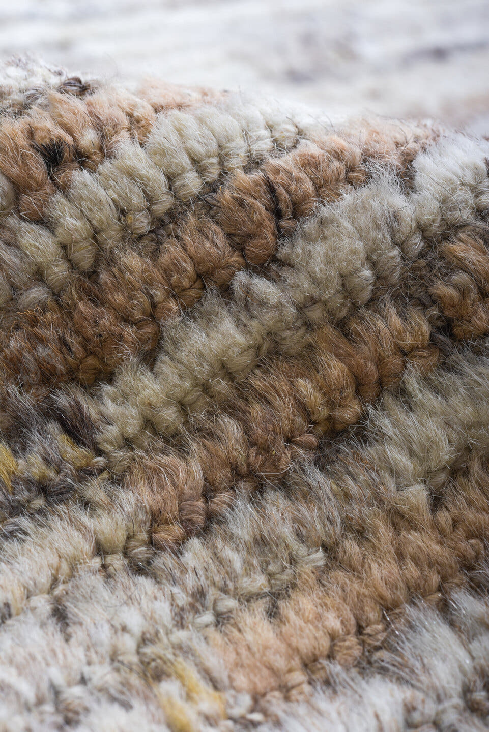 11' x 14' one-of-a-kind handmade vintage Tulu oversize rug. Color palette: ivory, taupe, gray, cream, camel, blush