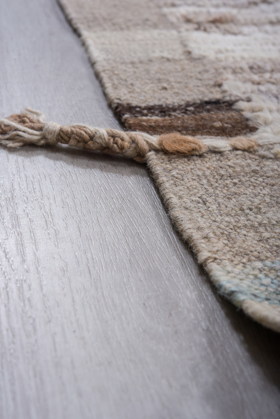 11' x 14' one-of-a-kind handmade vintage Tulu oversize rug. Color palette: ivory, taupe, gray, cream, camel, blush