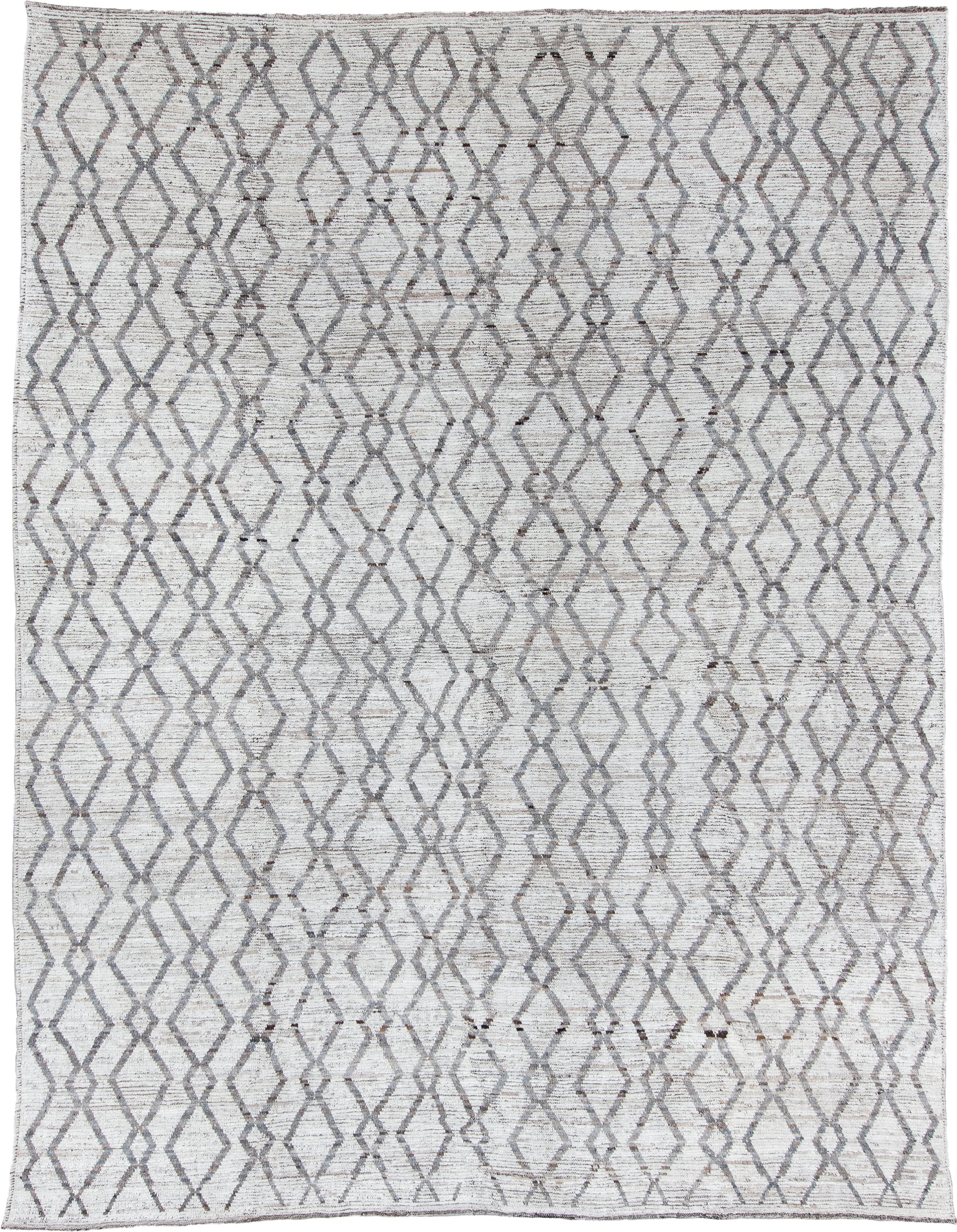 10' x 13' one-of-a-kind handmade vintage Tulu large size rug. Color palette: ivory, gray, taupe, charcoal, beige, black