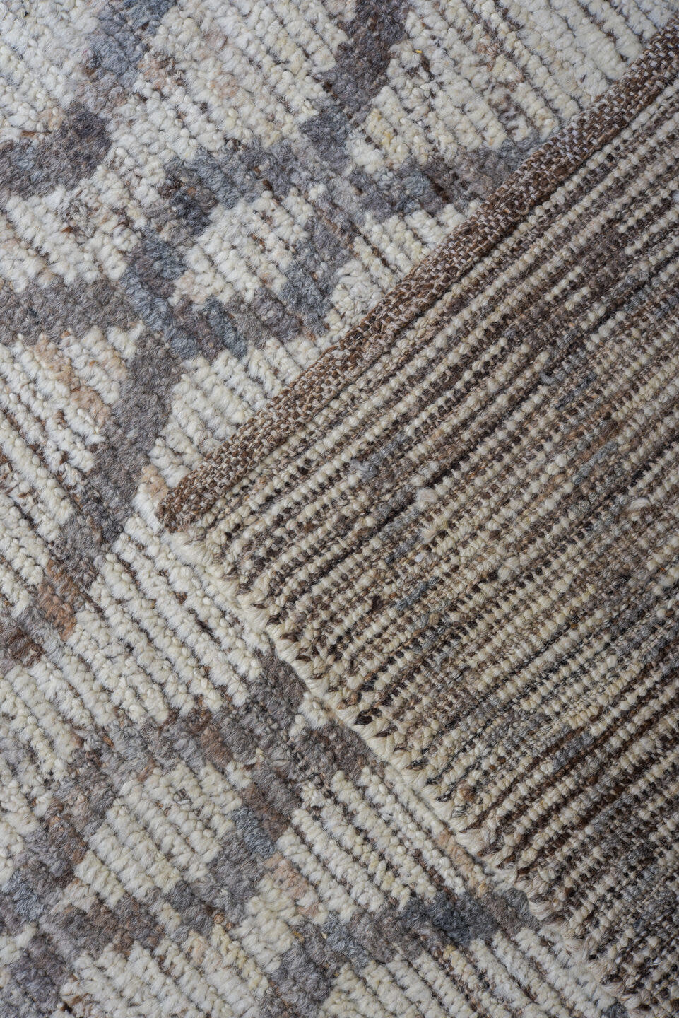 10' x 13' one-of-a-kind handmade vintage Tulu large size rug. Color palette: ivory, gray, taupe, charcoal, beige, black