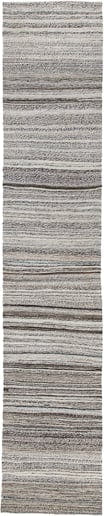 2' x 13' one-of-a-kind handmade vintage Kilim runner rug. Color palette: ivory, taupe, charcoal, slate, gray, beige, black