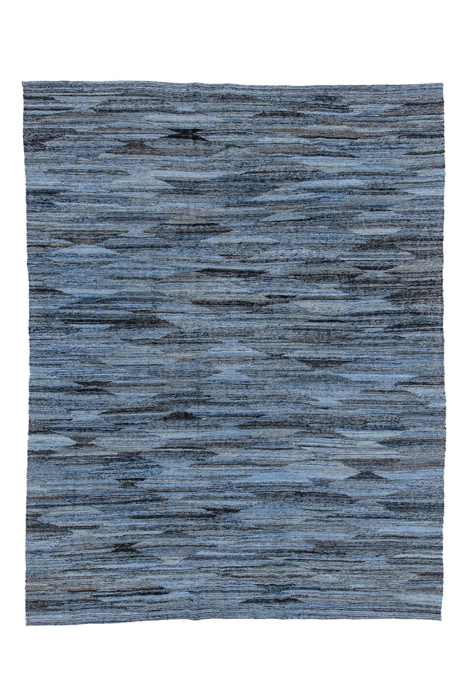9' x 12' one-of-a-kind handmade vintage Kilim large size rug. Color palette: arapawa, black, blue, dark gray, dim gray