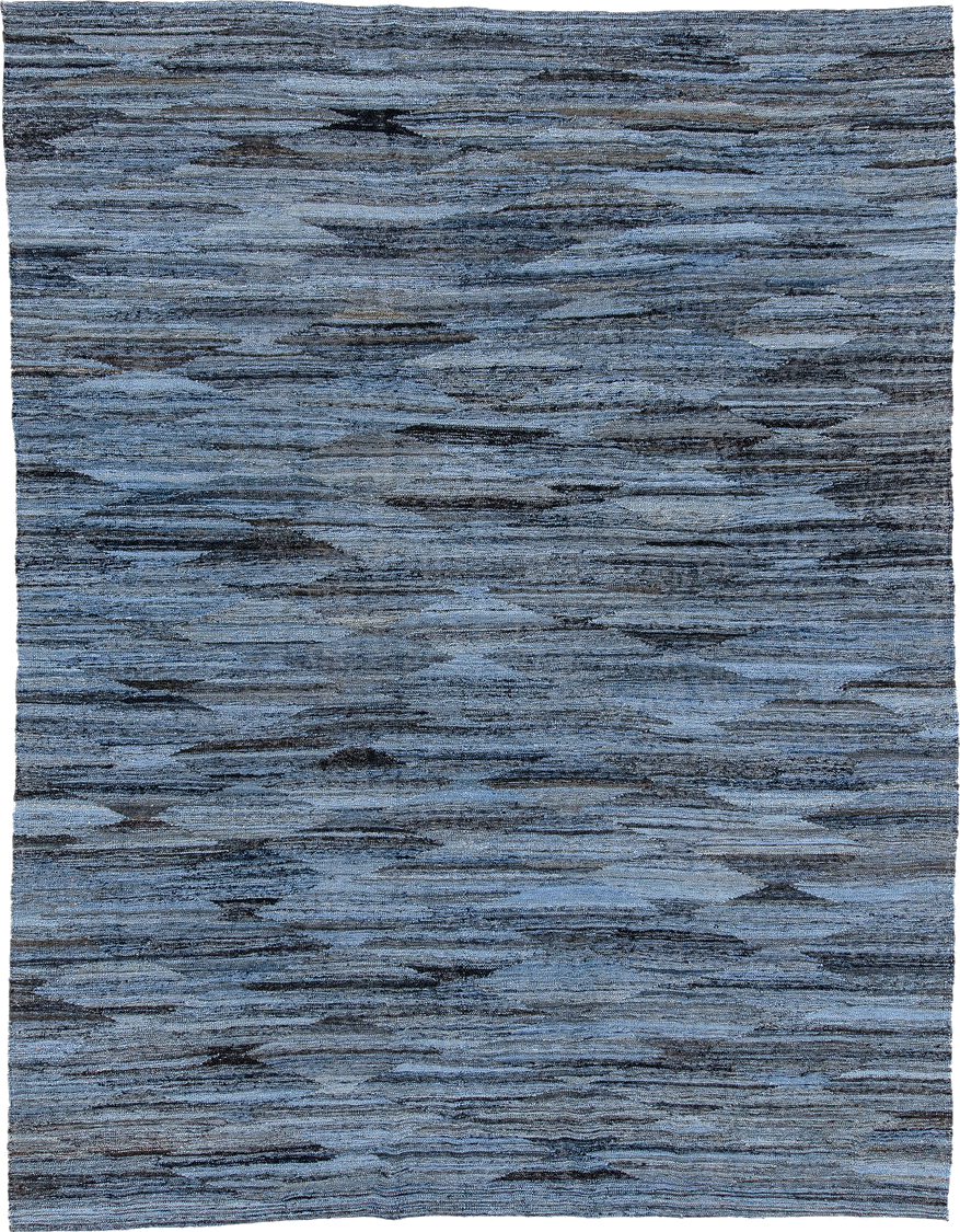 9' x 12' one-of-a-kind handmade vintage Kilim large size rug. Color palette: arapawa, black, blue, dark gray, dim gray