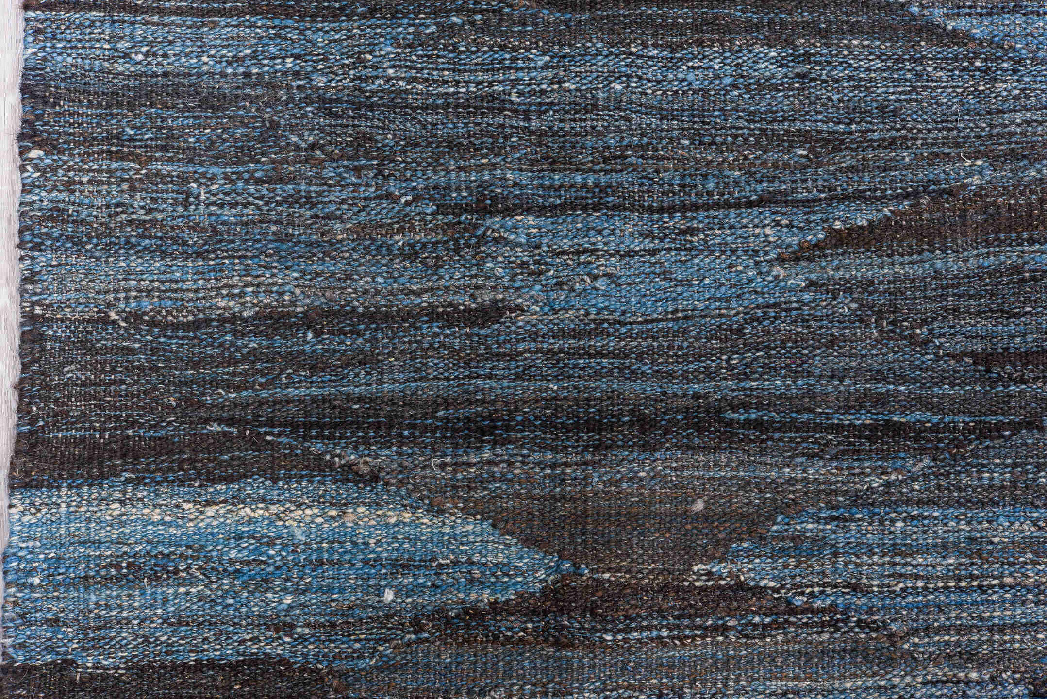 9' x 12' one-of-a-kind handmade vintage Kilim large size rug. Color palette: arapawa, black, blue, dark gray, dim gray