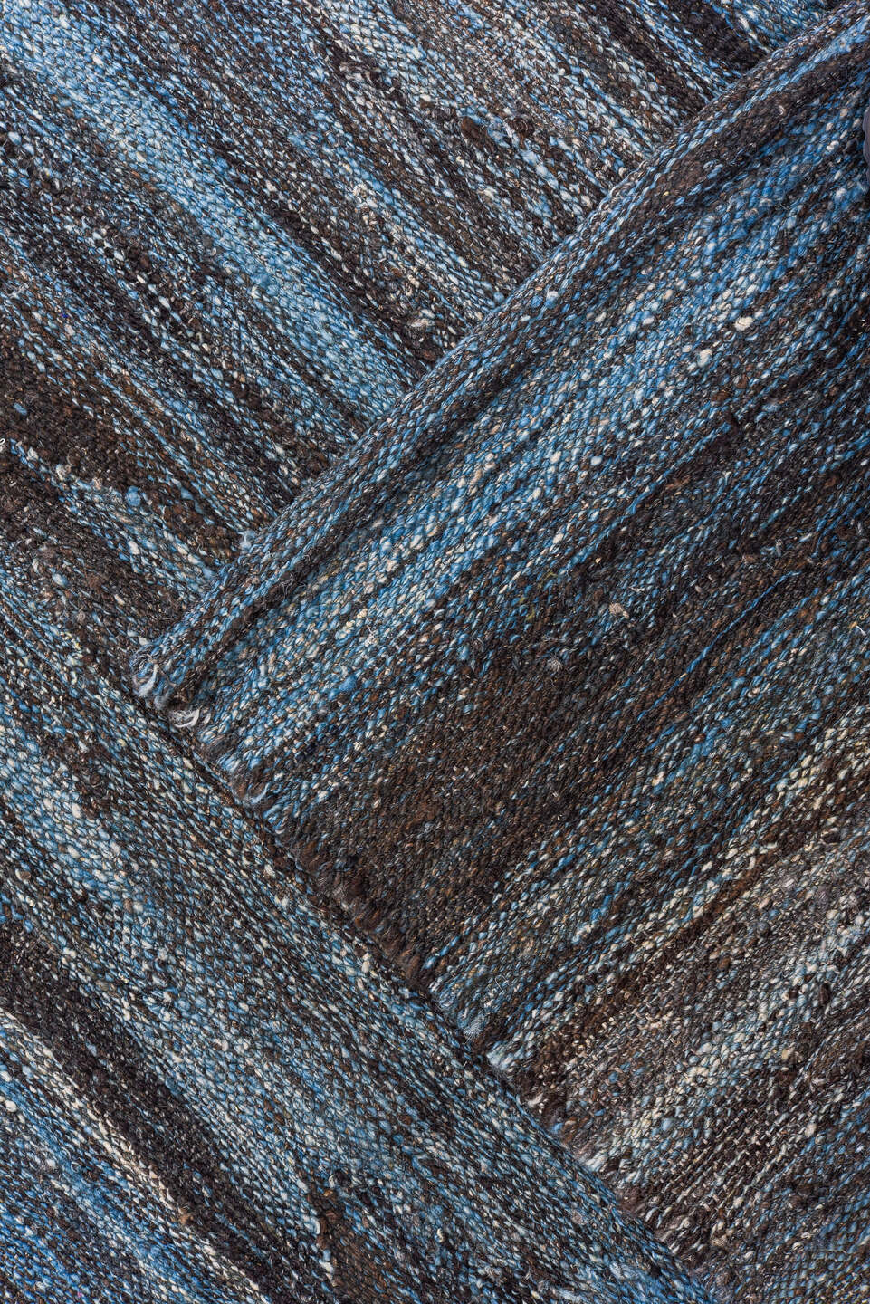 9' x 12' one-of-a-kind handmade vintage Kilim large size rug. Color palette: arapawa, black, blue, dark gray, dim gray