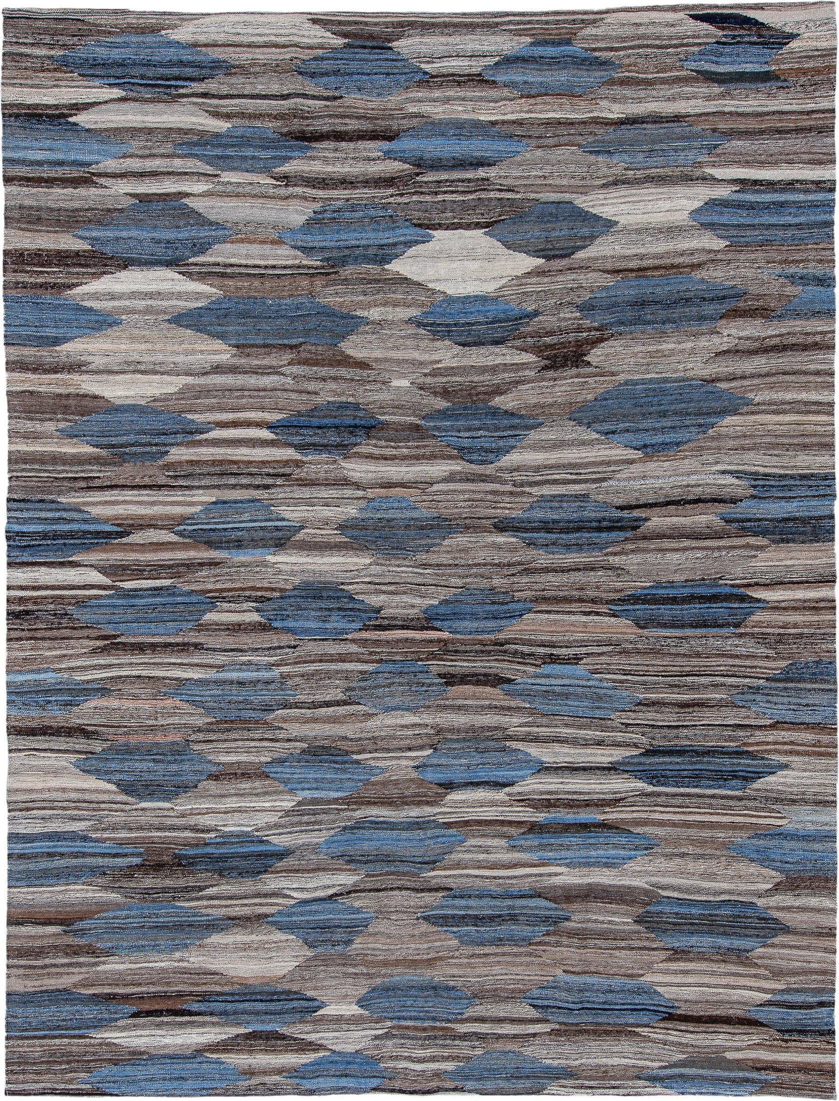 9' x 11' one-of-a-kind handmade vintage Kilim large size rug. Color palette: taupe, brown, denim, ivory, charcoal, slate