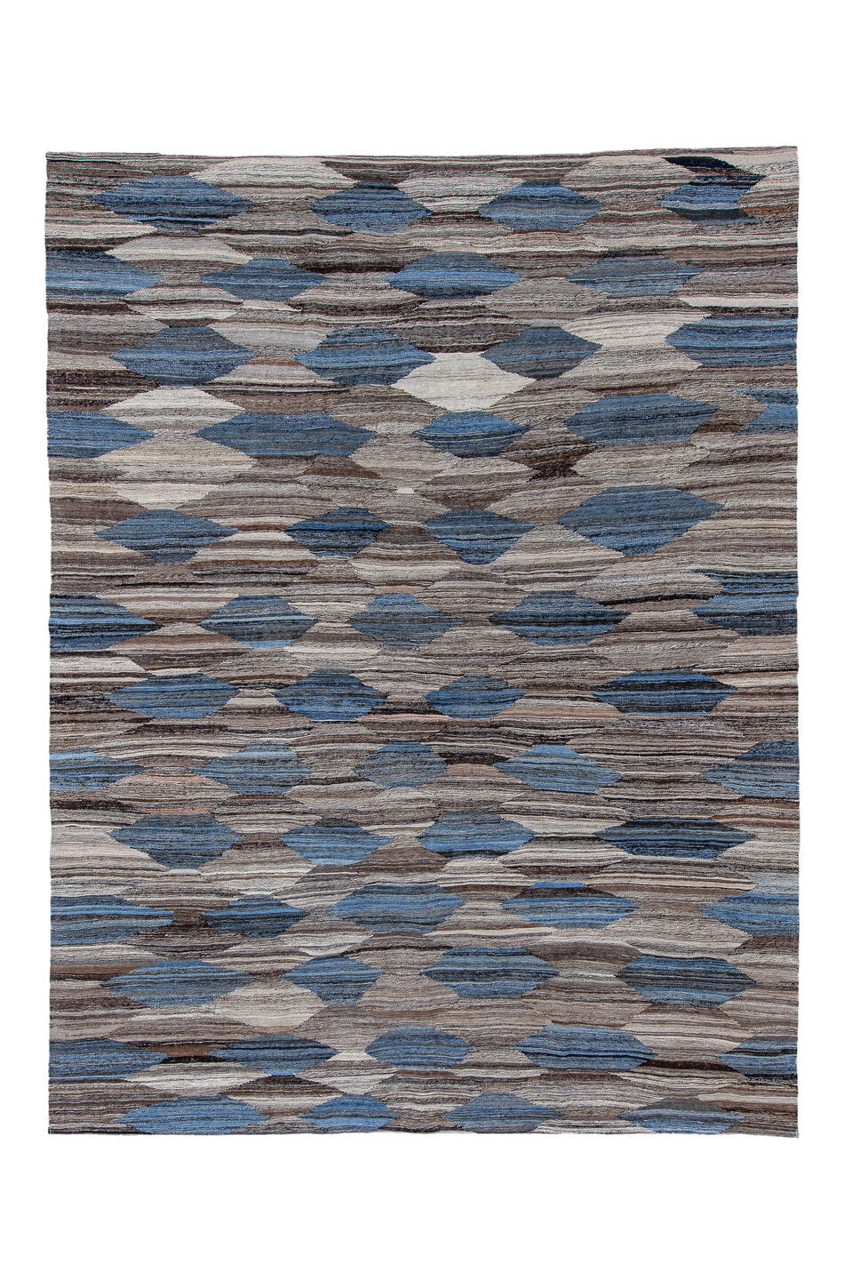 9' x 11' one-of-a-kind handmade vintage Kilim large size rug. Color palette: black, blue, dark gray, dim gray, gainsboro