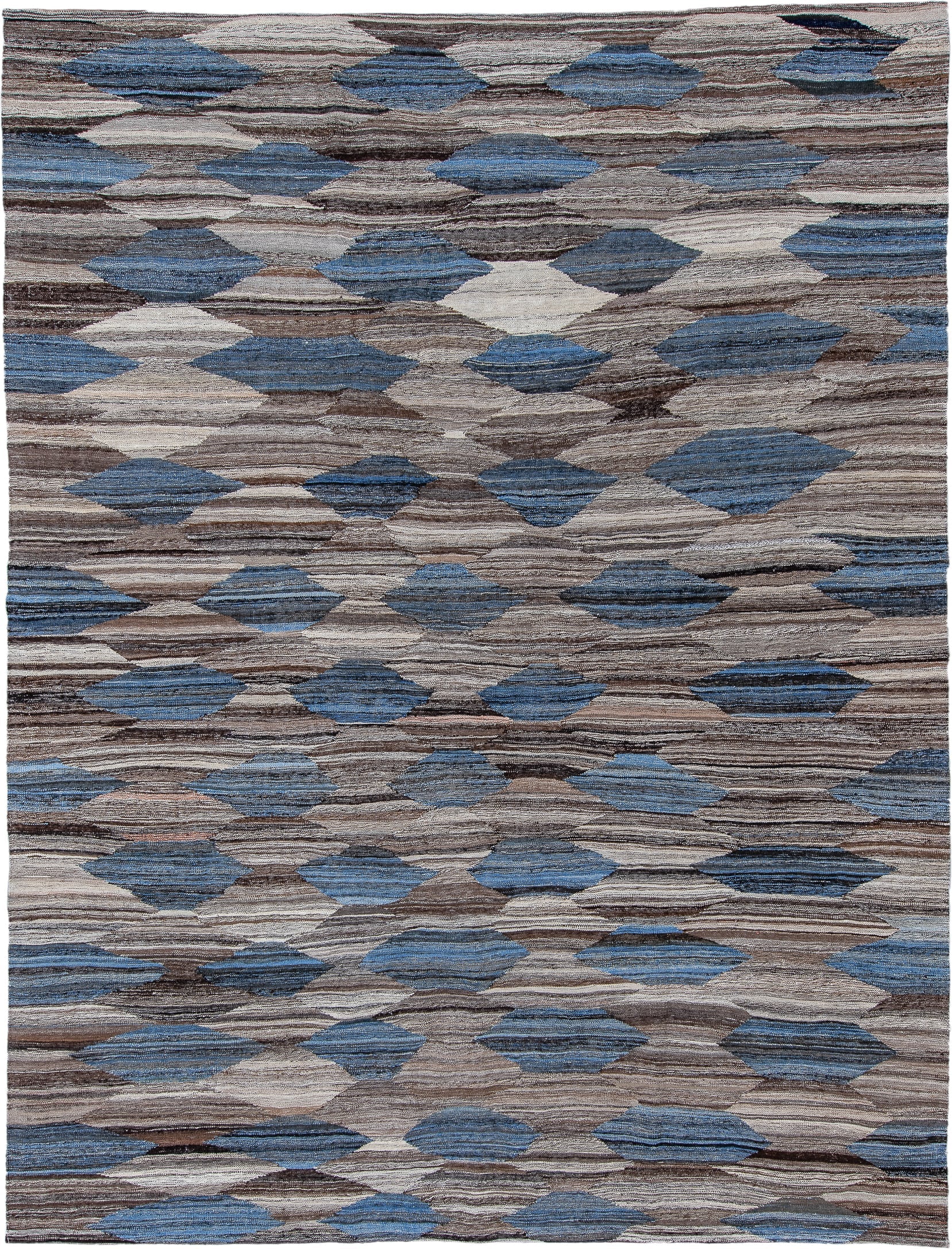 9' x 11' one-of-a-kind handmade vintage Kilim large size rug. Color palette: taupe, brown, denim, ivory, charcoal, slate