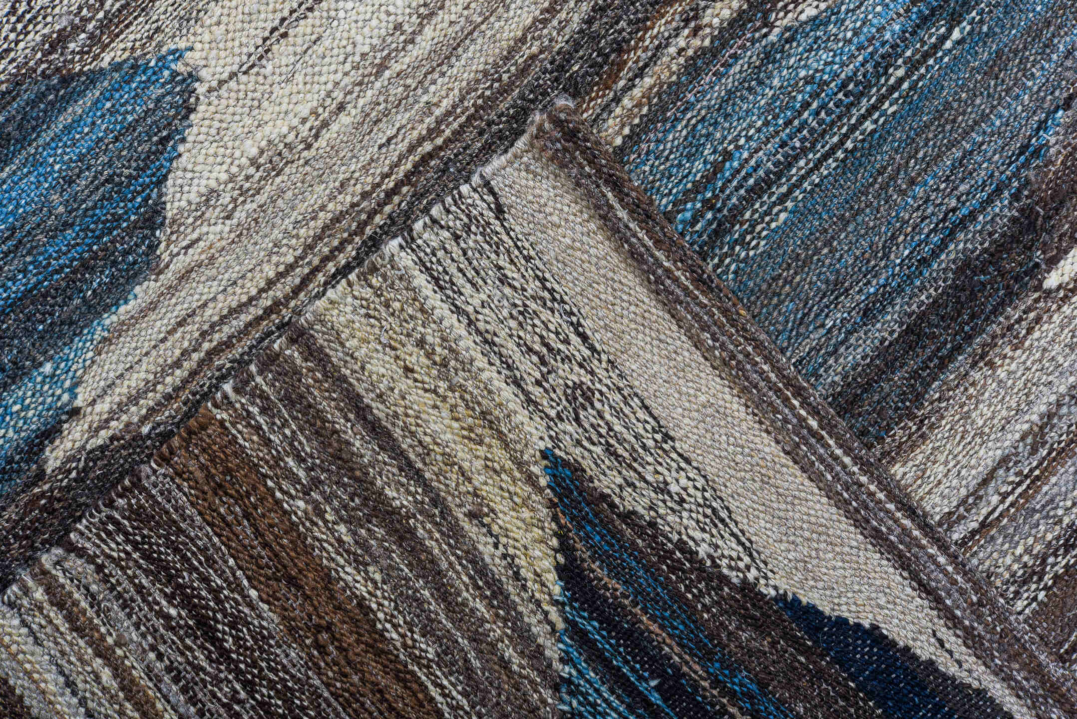 9' x 11' one-of-a-kind handmade vintage Kilim large size rug. Color palette: taupe, brown, denim, ivory, charcoal, slate