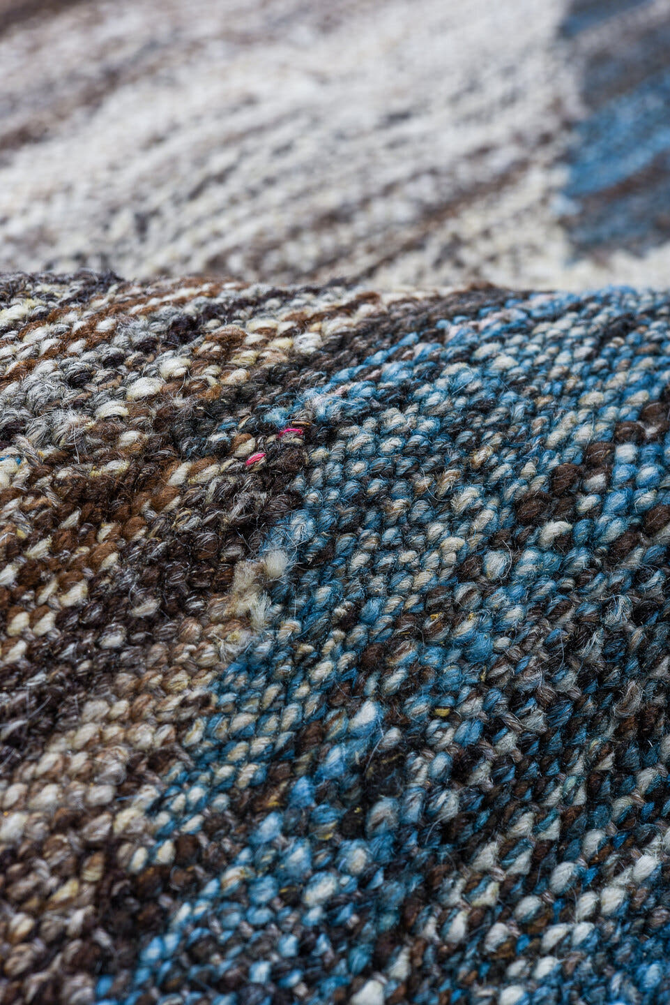 9' x 11' one-of-a-kind handmade vintage Kilim large size rug. Color palette: taupe, brown, denim, ivory, charcoal, slate