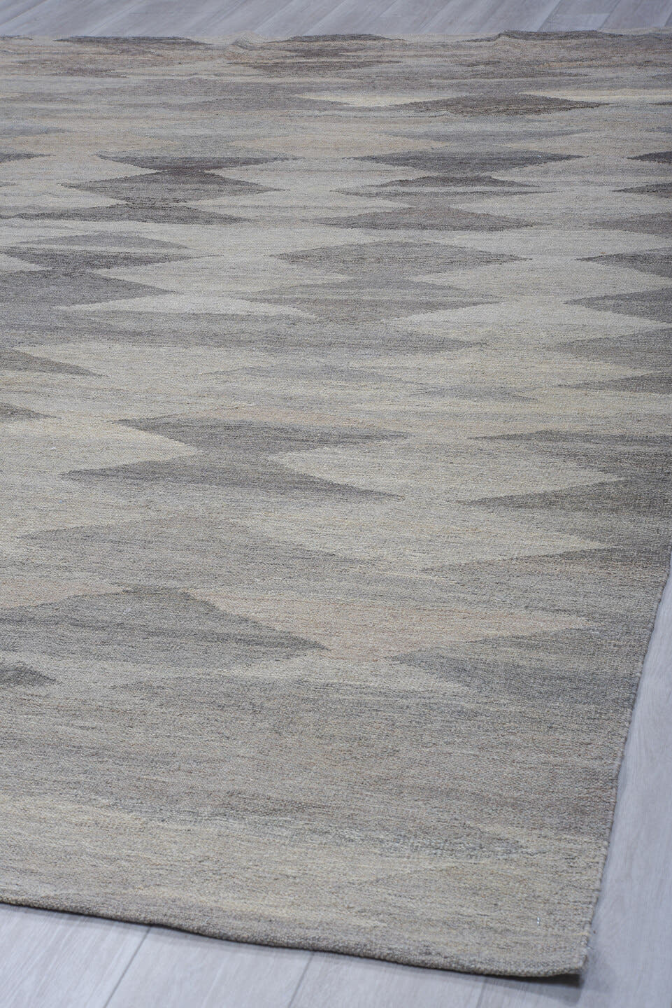 9' x 12' one-of-a-kind handmade vintage Kilim large size rug. Color palette: gray, ivory, taupe, charcoal, greige, beige