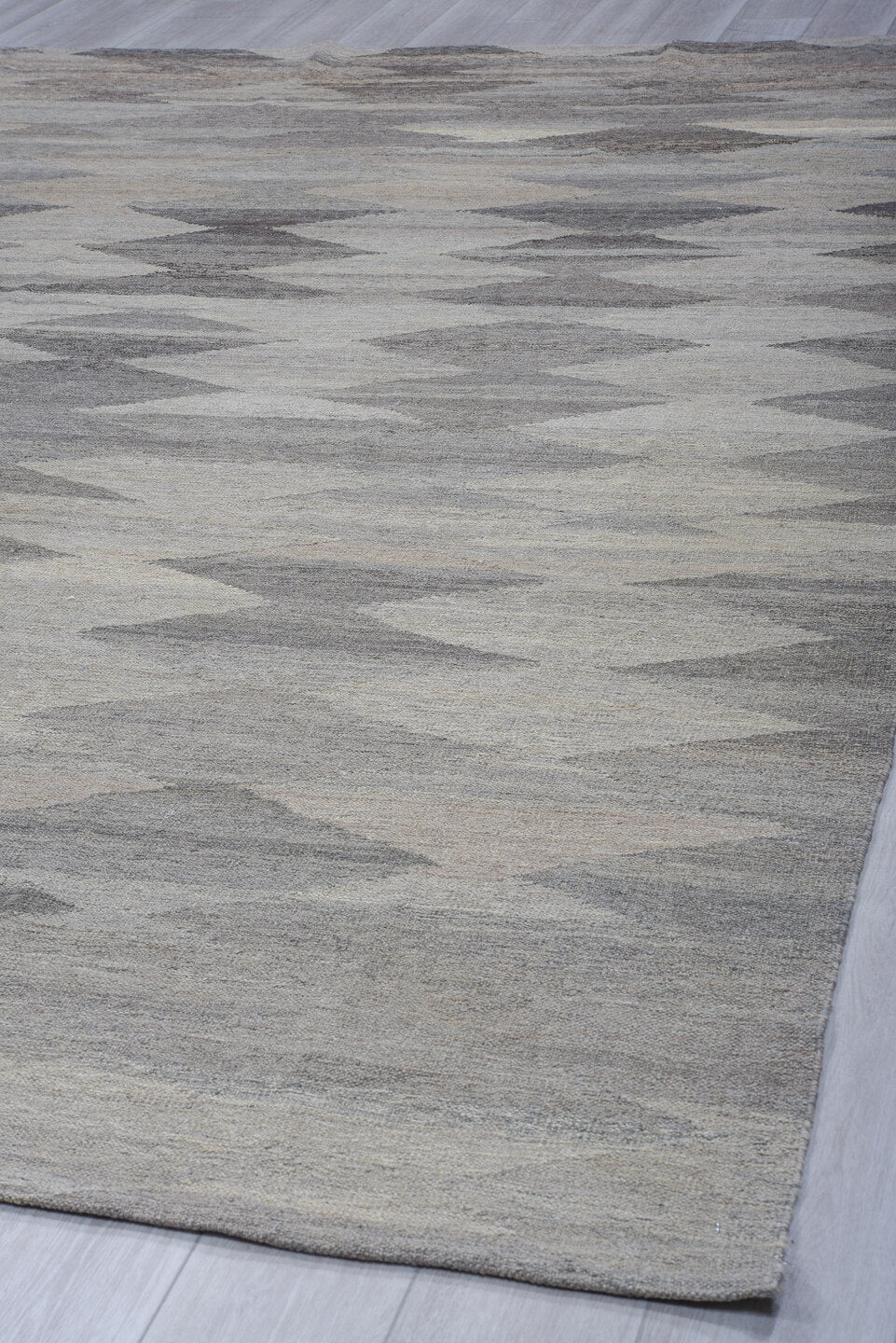 9' x 12' one-of-a-kind handmade vintage Kilim large size rug. Color palette: gray, ivory, taupe, charcoal, greige, beige