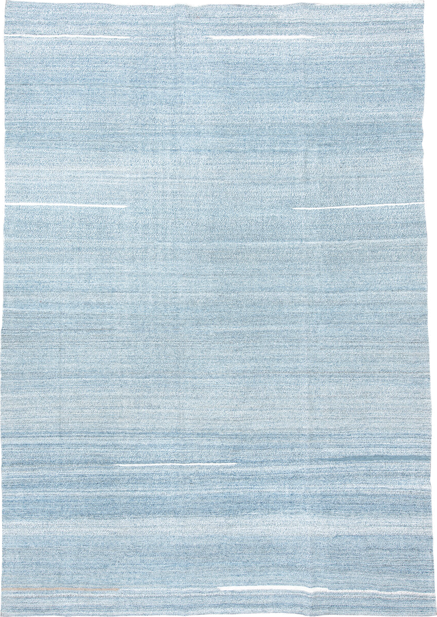 9' x 12' one-of-a-kind handmade vintage Kilim large size rug. Color palette: sky blue, ivory, pale blue, cream, taupe