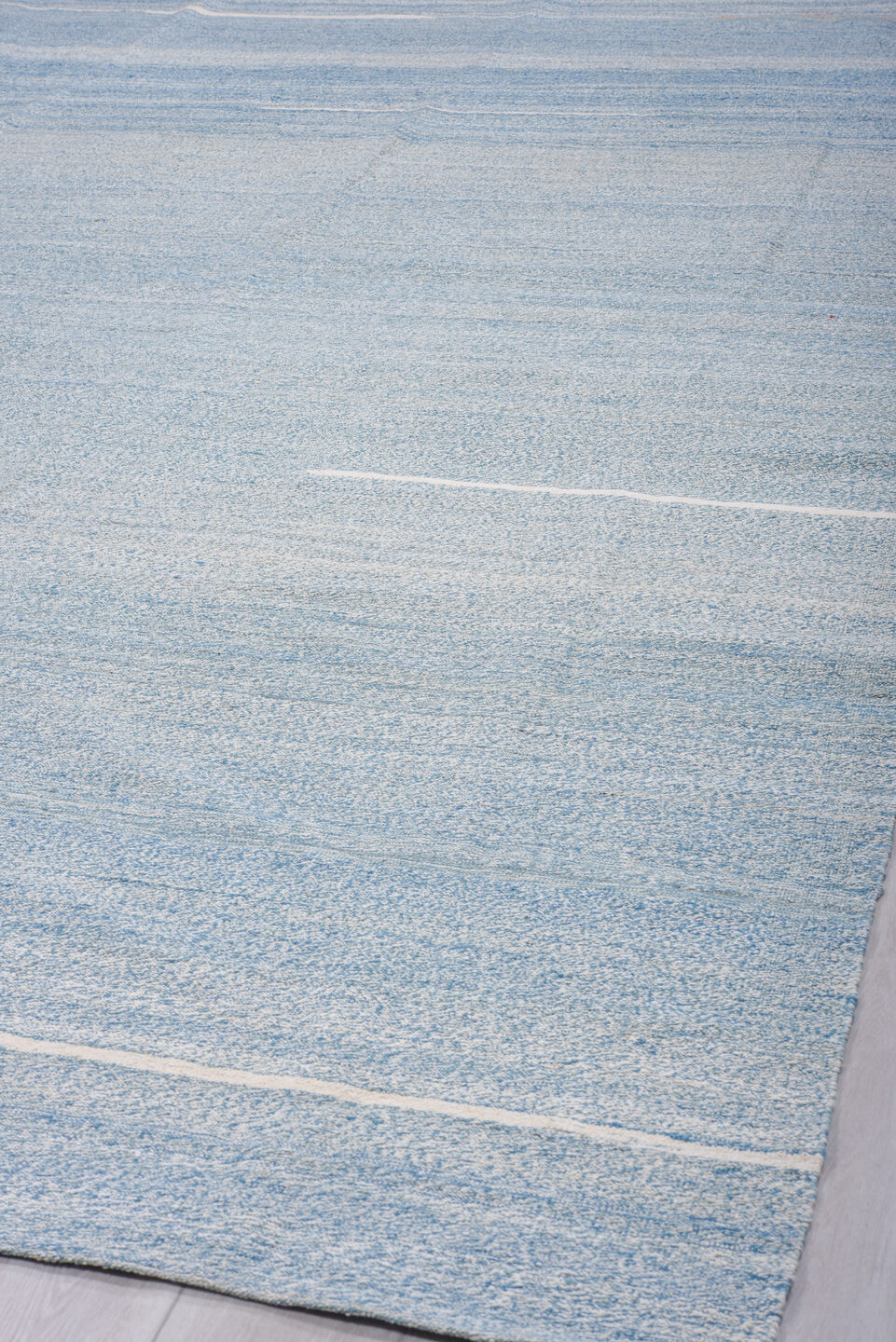 9' x 12' one-of-a-kind handmade vintage Kilim large size rug. Color palette: sky blue, ivory, pale blue, cream, taupe