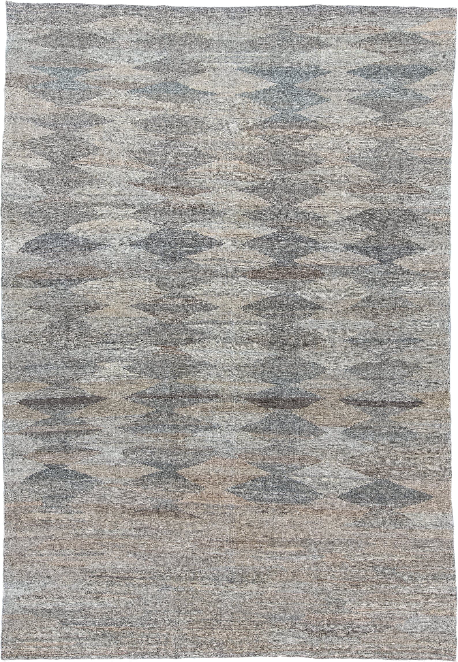 8' x 12' one-of-a-kind handmade vintage Kilim large size rug. Color palette: gray, ivory, taupe, slate, beige, brown