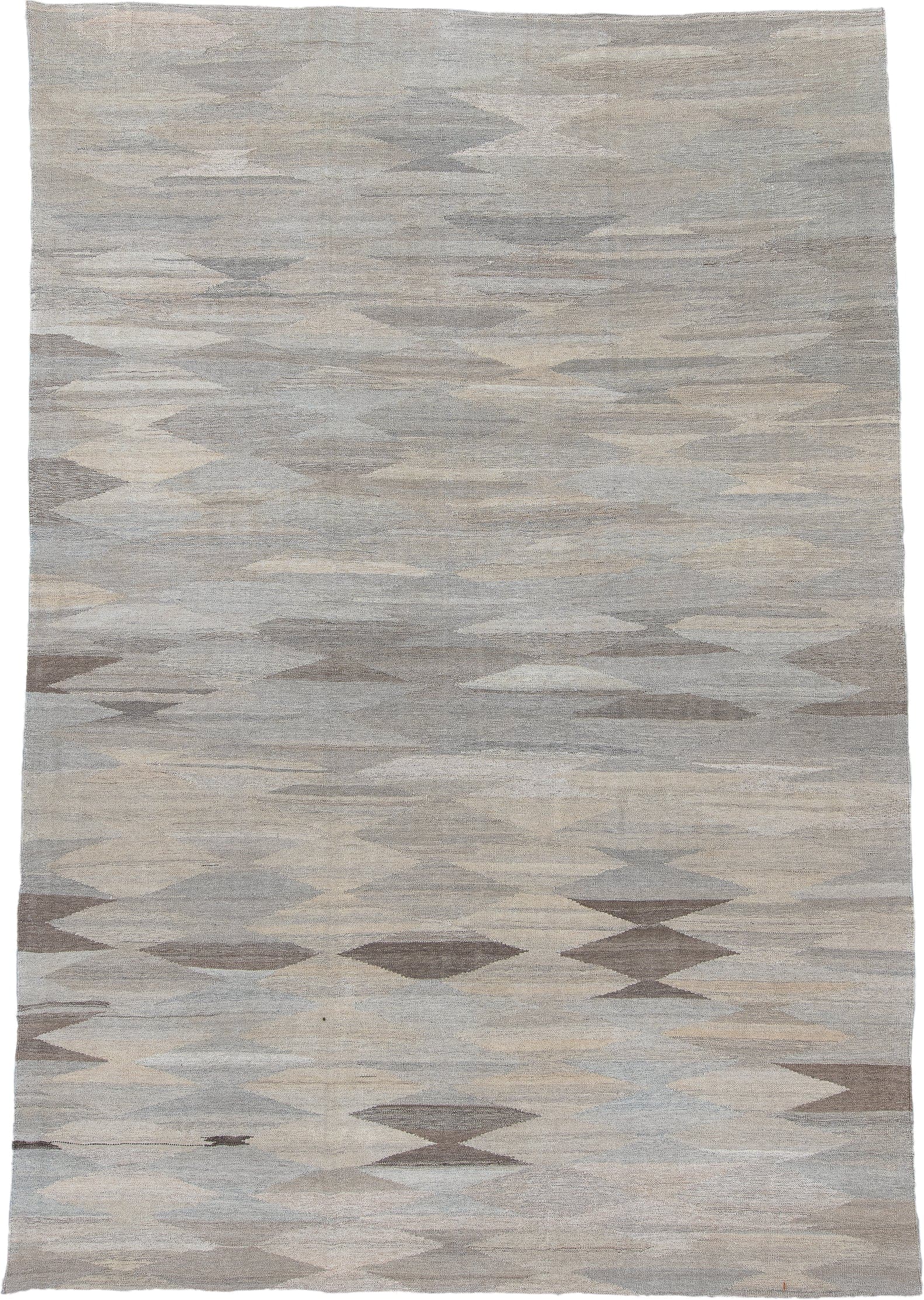 8' x 12' one-of-a-kind handmade vintage Kilim large size rug. Color palette: gray, ivory, taupe, beige, greige, brown